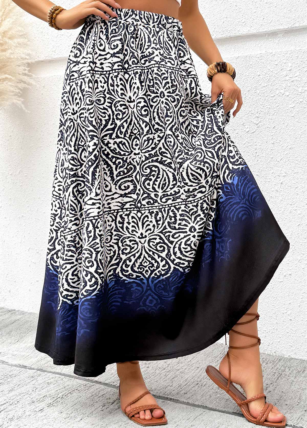 Navy Tribal Print A Line Elastic Waist Maxi Skirt | picture 