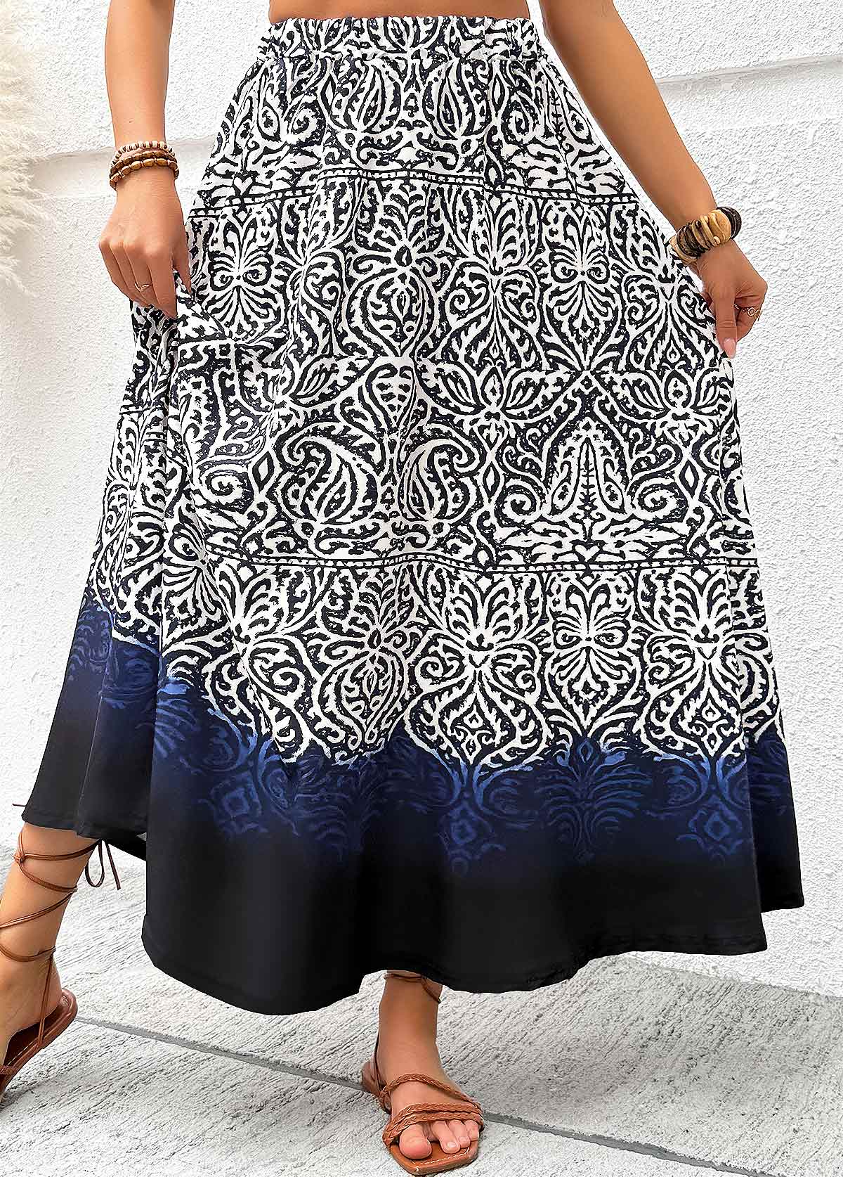 Navy Tribal Print A Line Elastic Waist Maxi Skirt | picture 