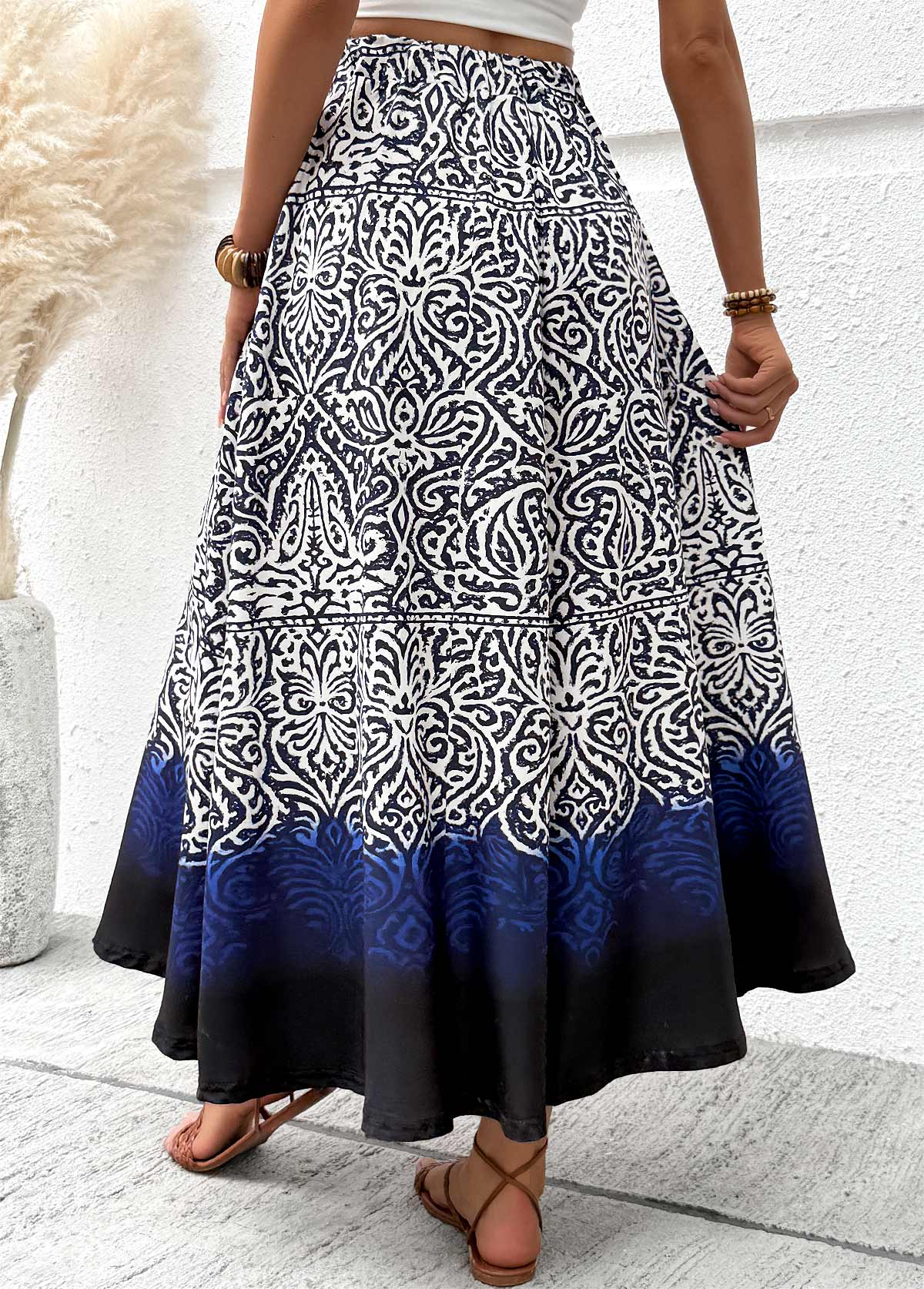 Navy Tribal Print A Line Elastic Waist Maxi Skirt | picture 