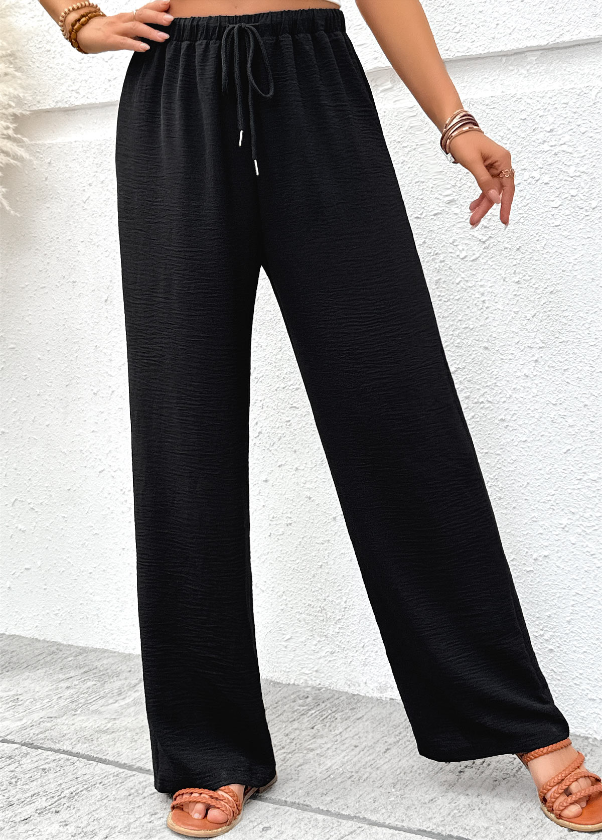Black Soft Wide Leg Elastic Waist High Waisted Pants | picture 