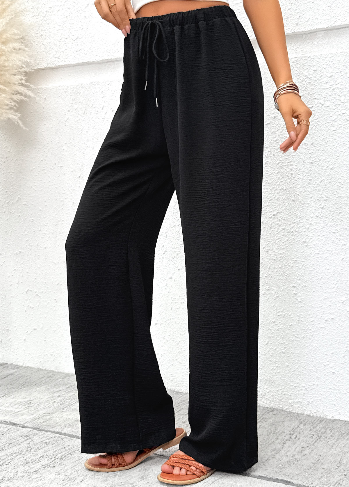 Black Soft Wide Leg Elastic Waist High Waisted Pants | picture 