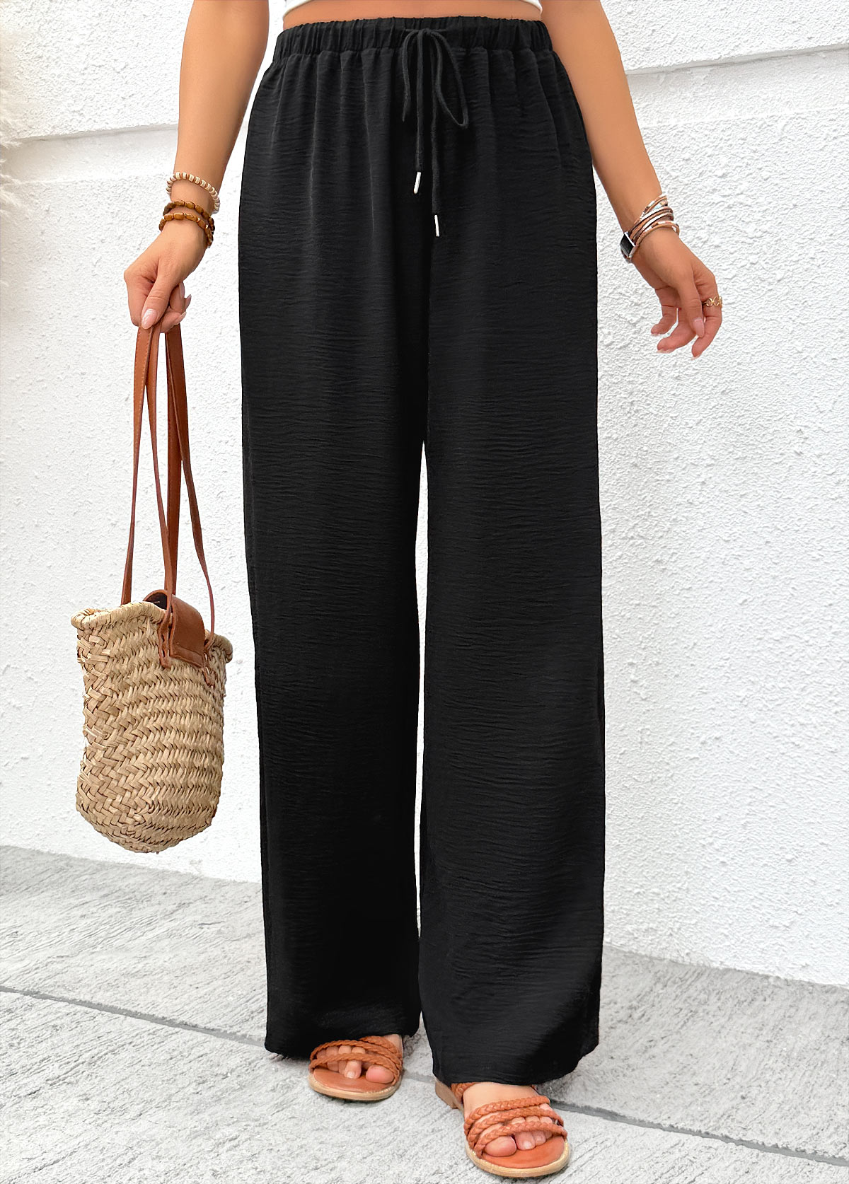 Black Soft Wide Leg Elastic Waist High Waisted Pants | picture 