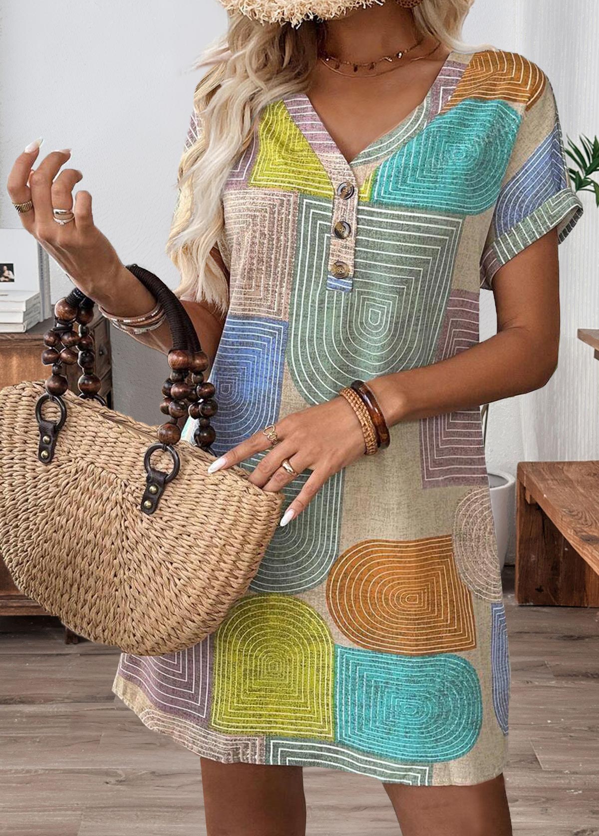 Multi Color Patchwork Geometric Print Short V Neck Dress | picture 