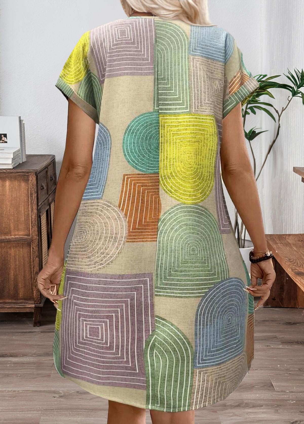 Multi Color Patchwork Geometric Print Short V Neck Dress | picture 