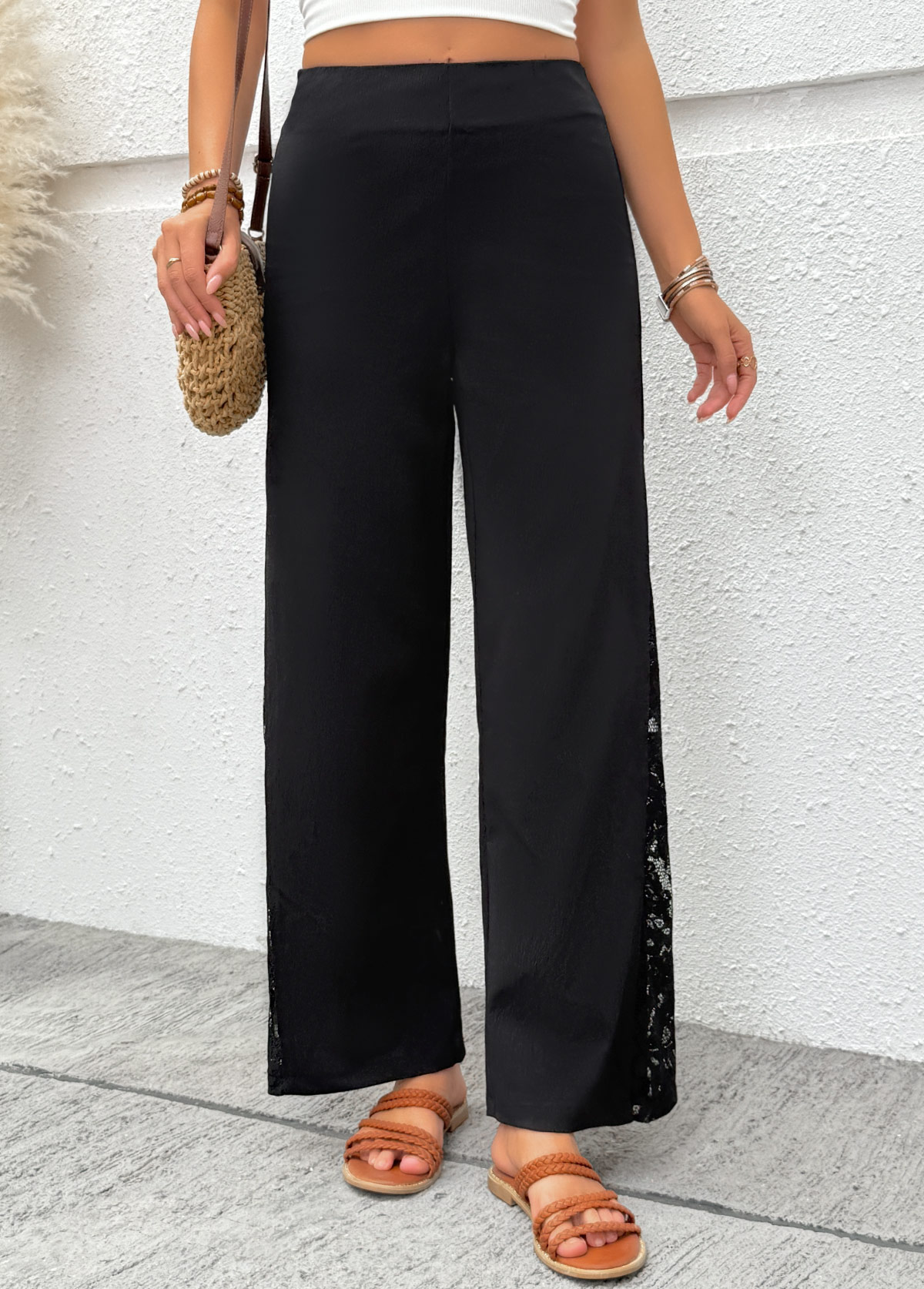 Black Soft Wide Leg Zipper Fly High Waisted Pants | picture 