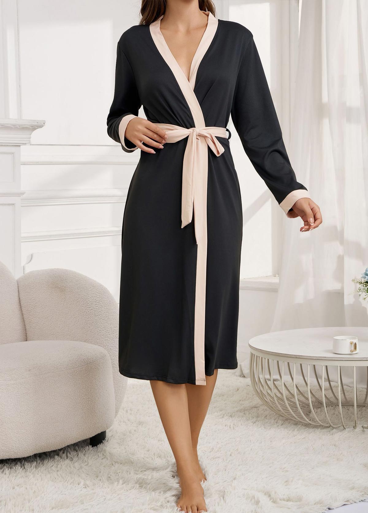 Black Letter Print Belted Long Sleeve Robe | picture 