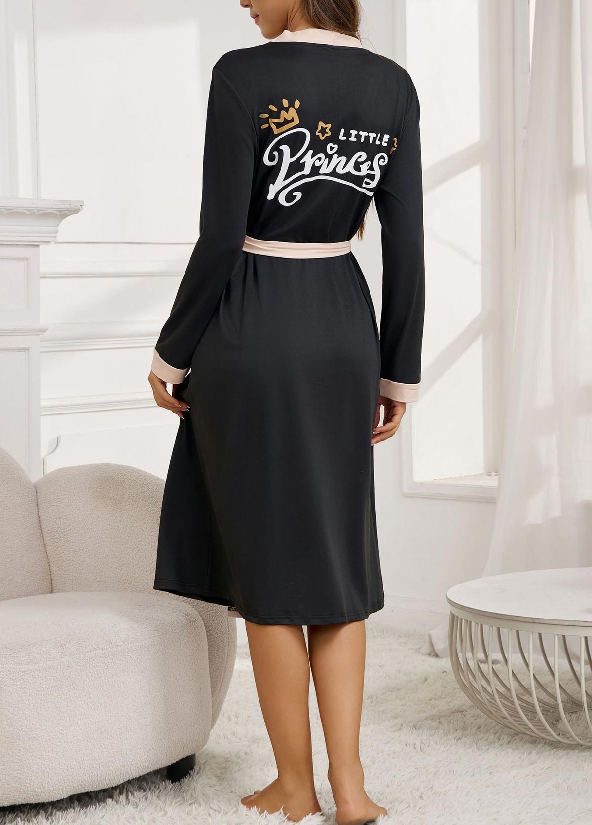 Black Letter Print Belted Long Sleeve Robe | picture 