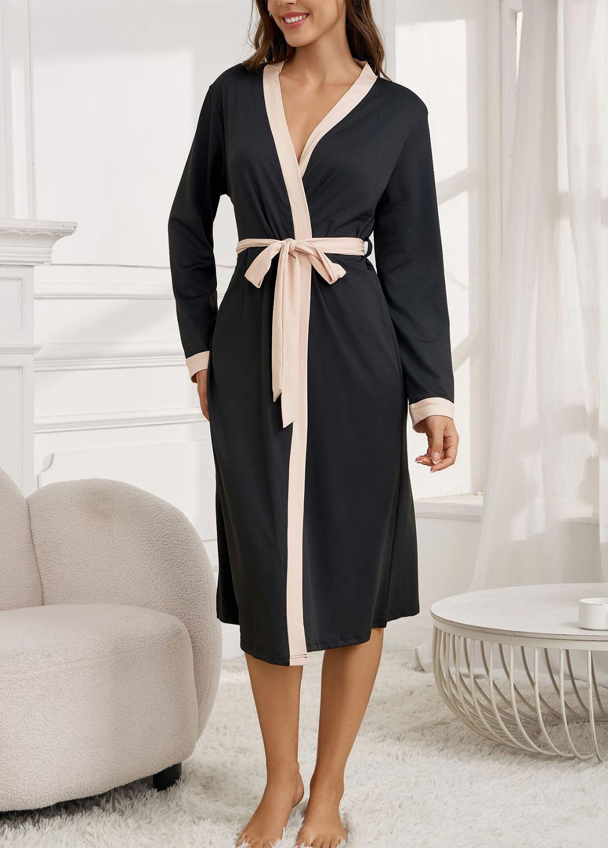Black Letter Print Belted Long Sleeve Robe | picture 