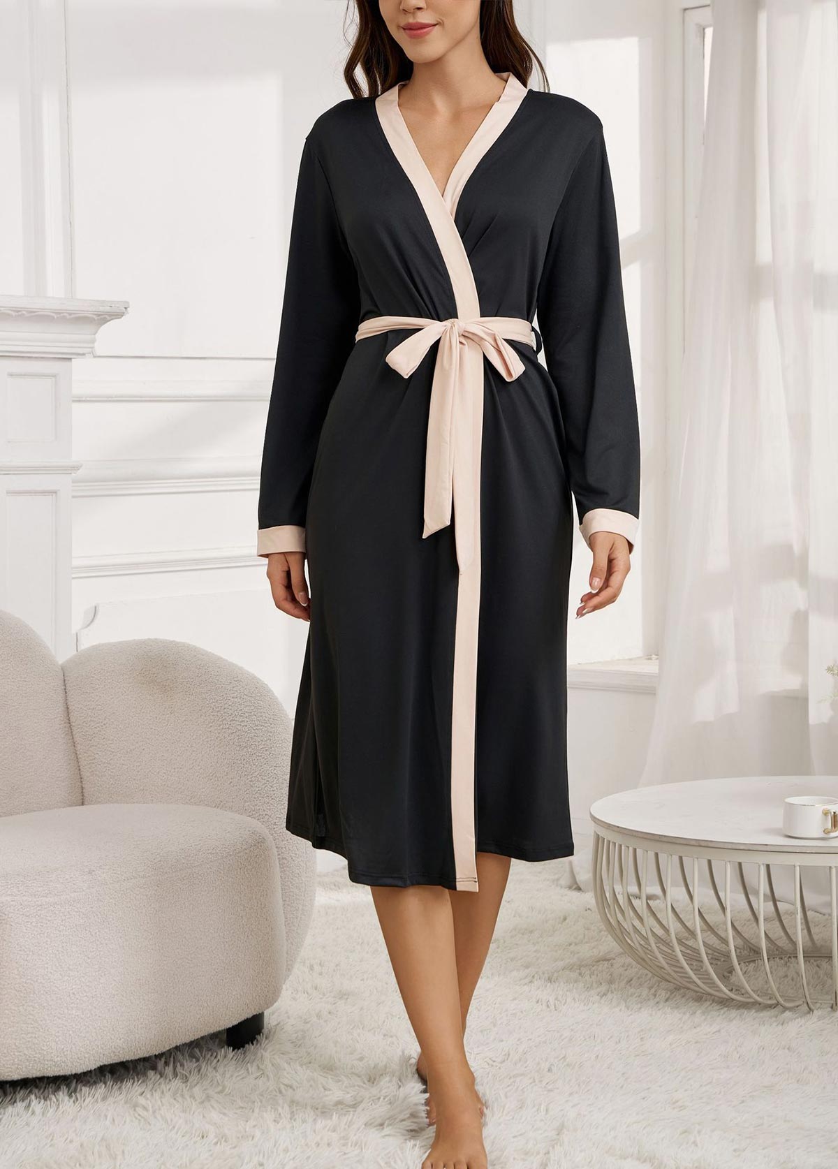 Black Letter Print Belted Long Sleeve Robe | picture 