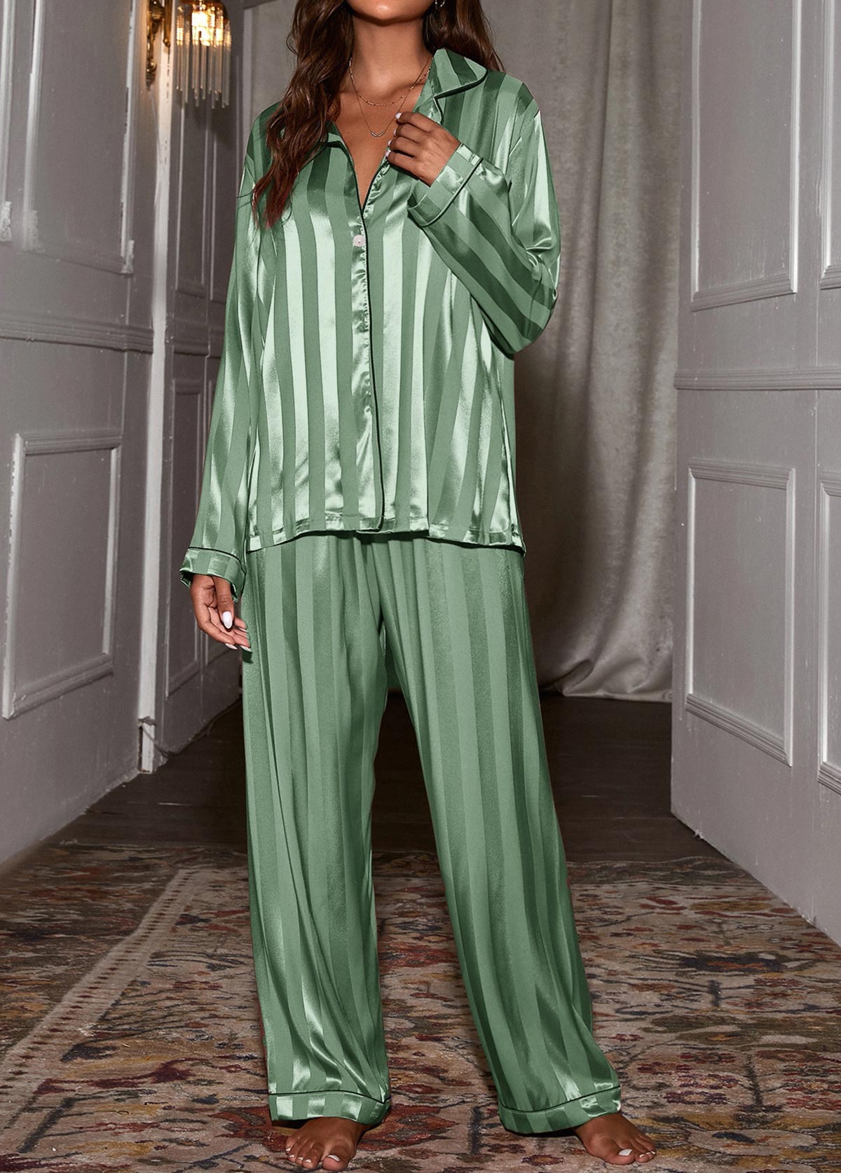 Green Striped Long Sleeve Lounge Top and Pants | picture 