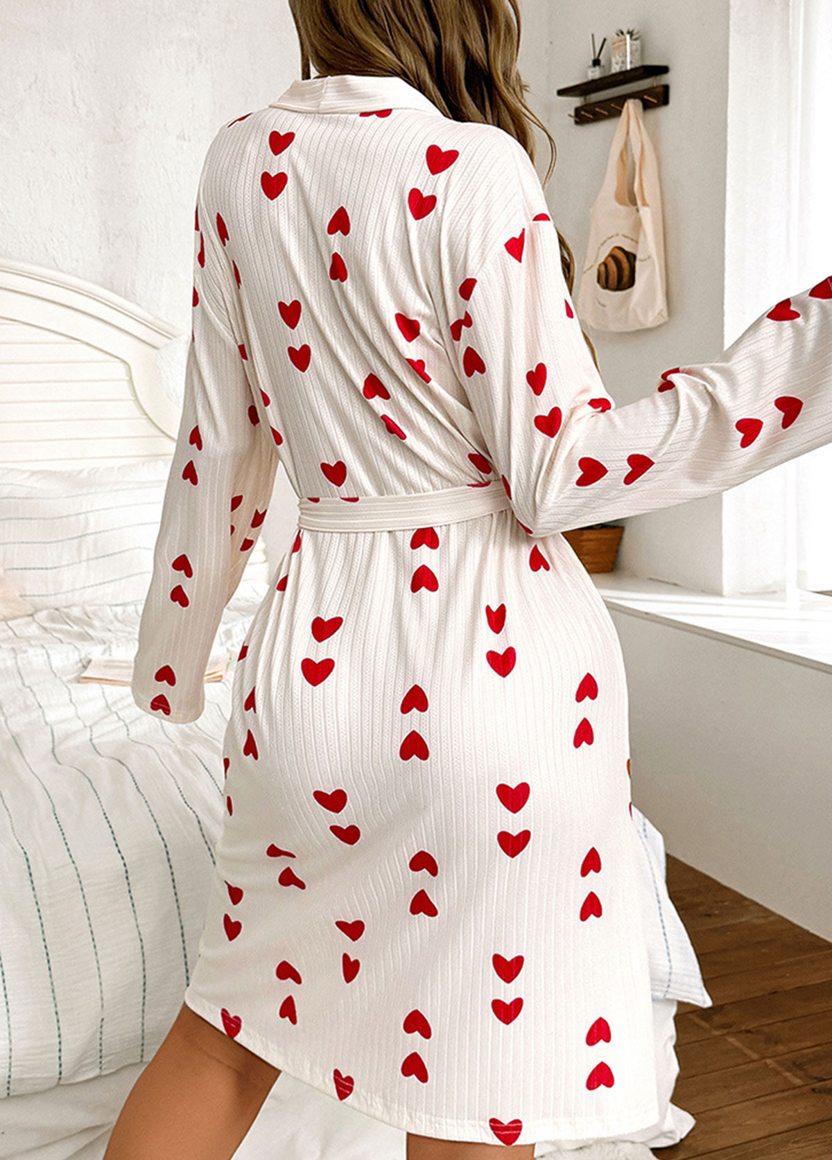 Beige Heart Print Belted Long Sleeve V Neck Robe | picture 