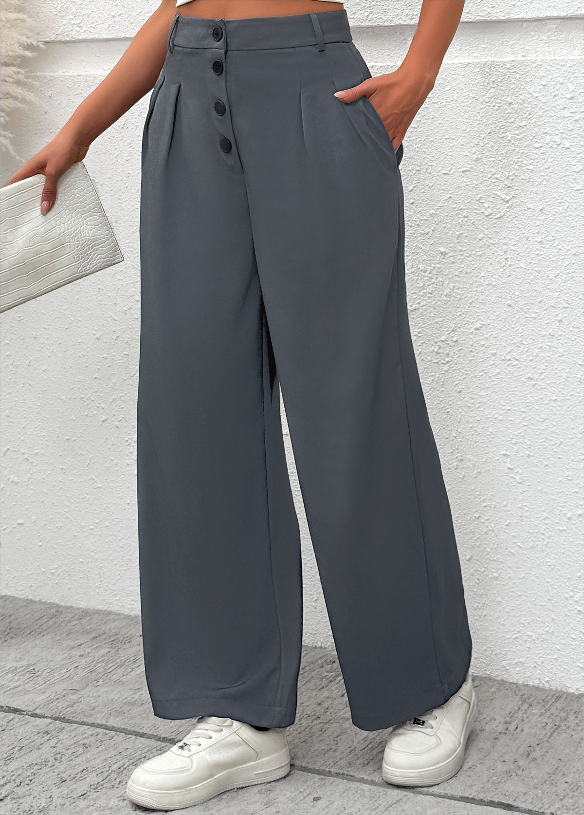 Dark Grey Flowy Wide Leg Button Fly Pants | picture 