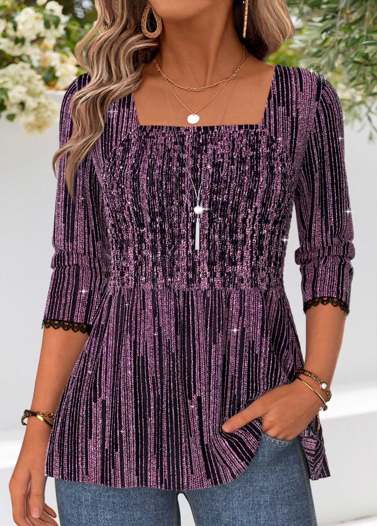 Purple Peplum Long Sleeve Square Neck Blouse | picture 