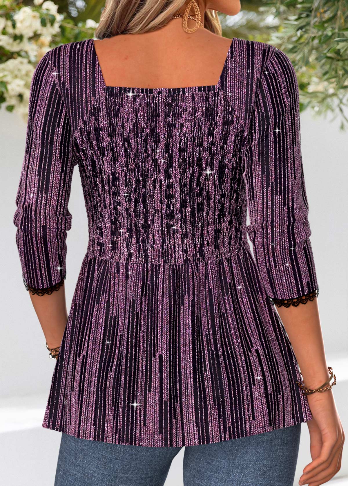 Purple Peplum Long Sleeve Square Neck Blouse | picture 