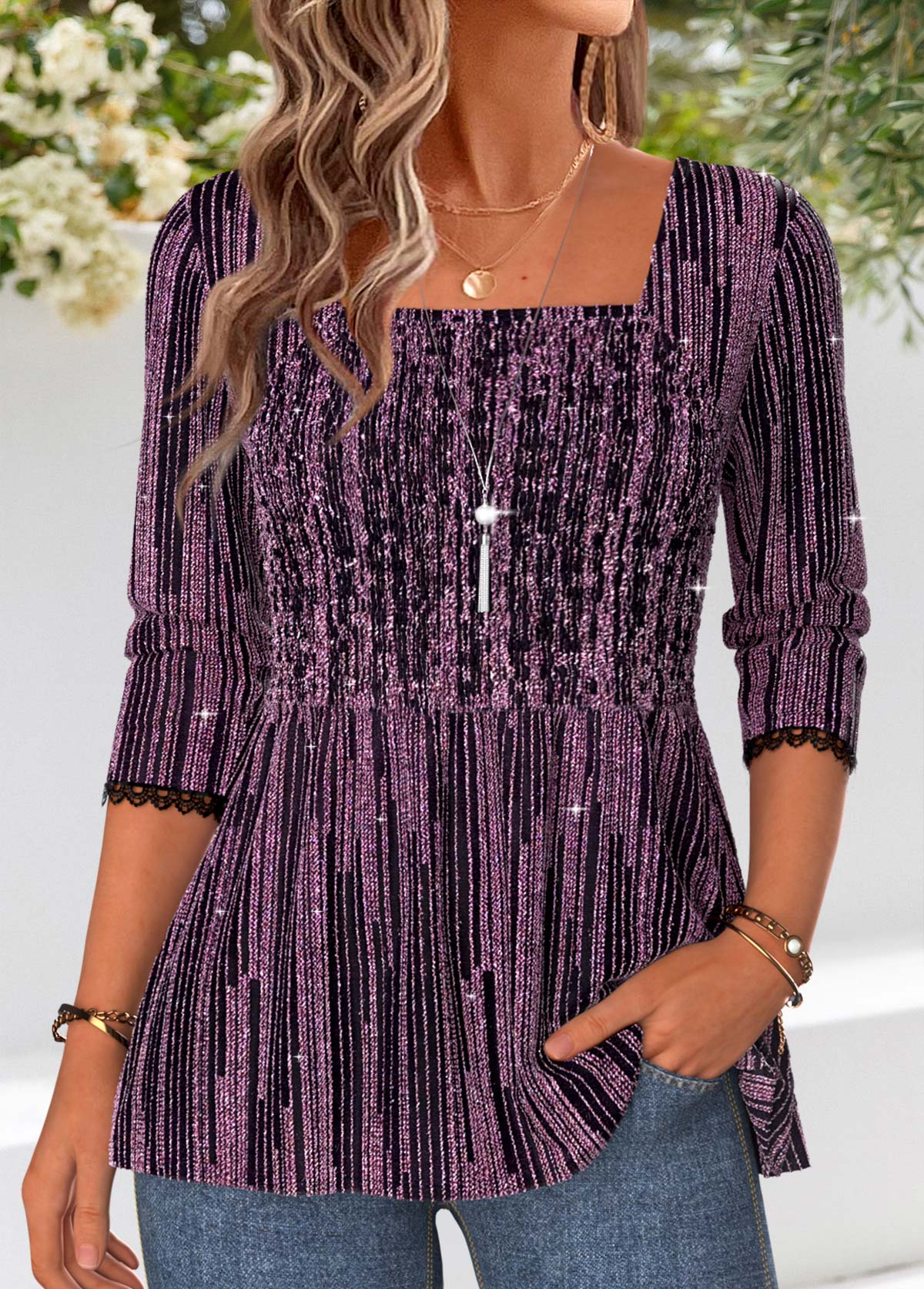 Purple Peplum Long Sleeve Square Neck Blouse | picture 