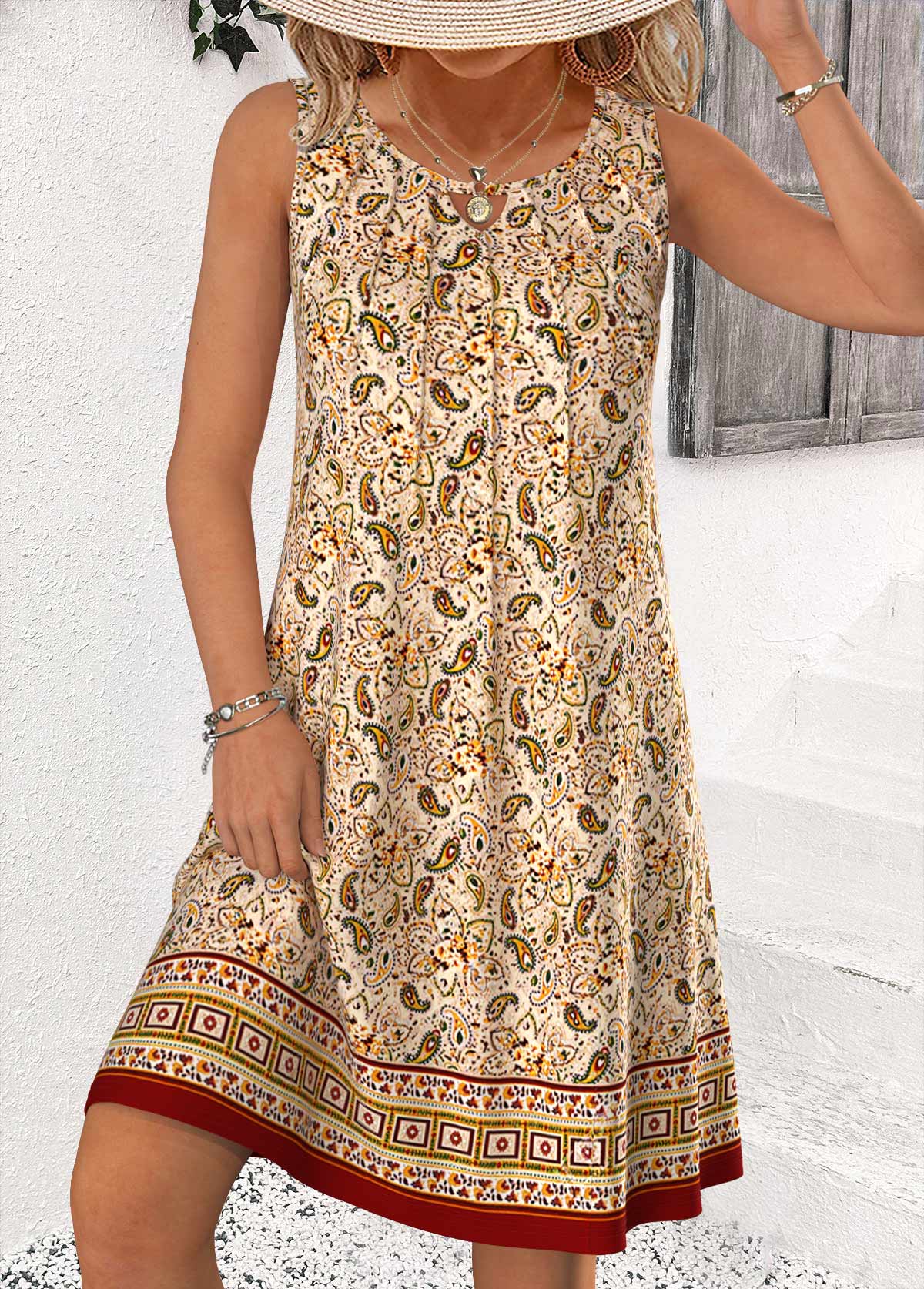 Multi Color Tummy Coverage Paisley Print Sleeveless Dress | picture 