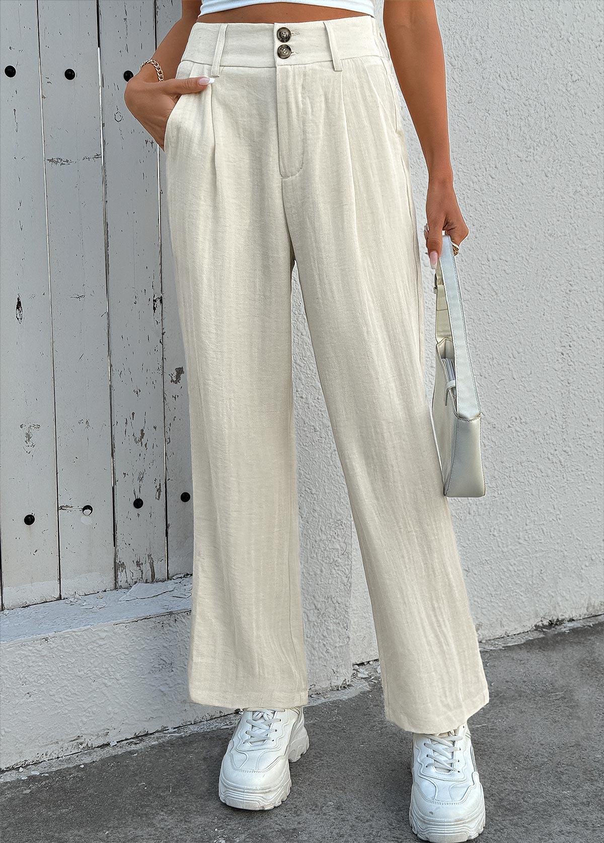 Beige Soft Straight Leg Button Fly High Waisted Pants | picture 