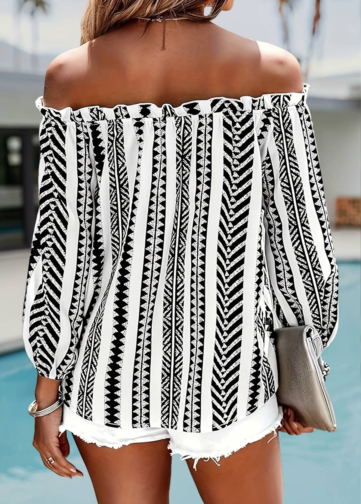 Black Tummy Coverage Striped Bracelet Sleeve Off Shoulder Blouse | picture 