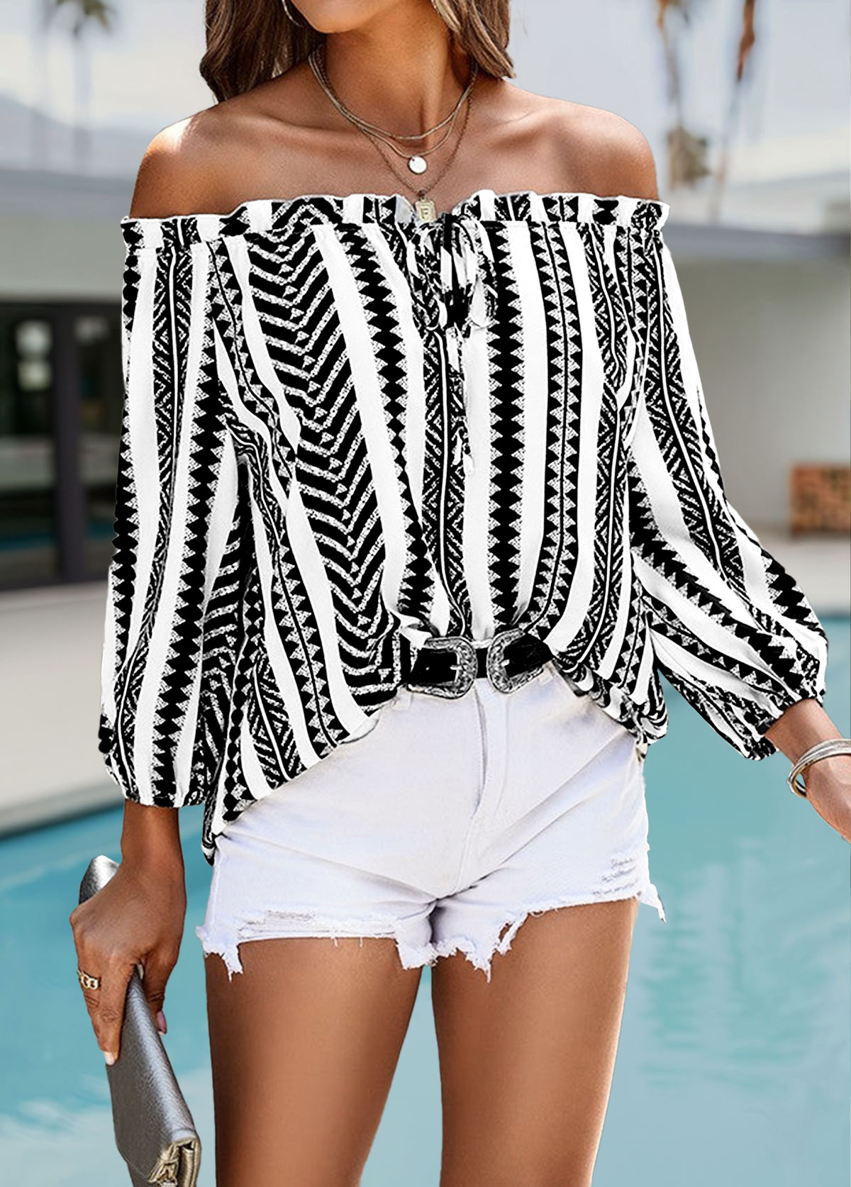 Black Tummy Coverage Striped Bracelet Sleeve Off Shoulder Blouse | picture 