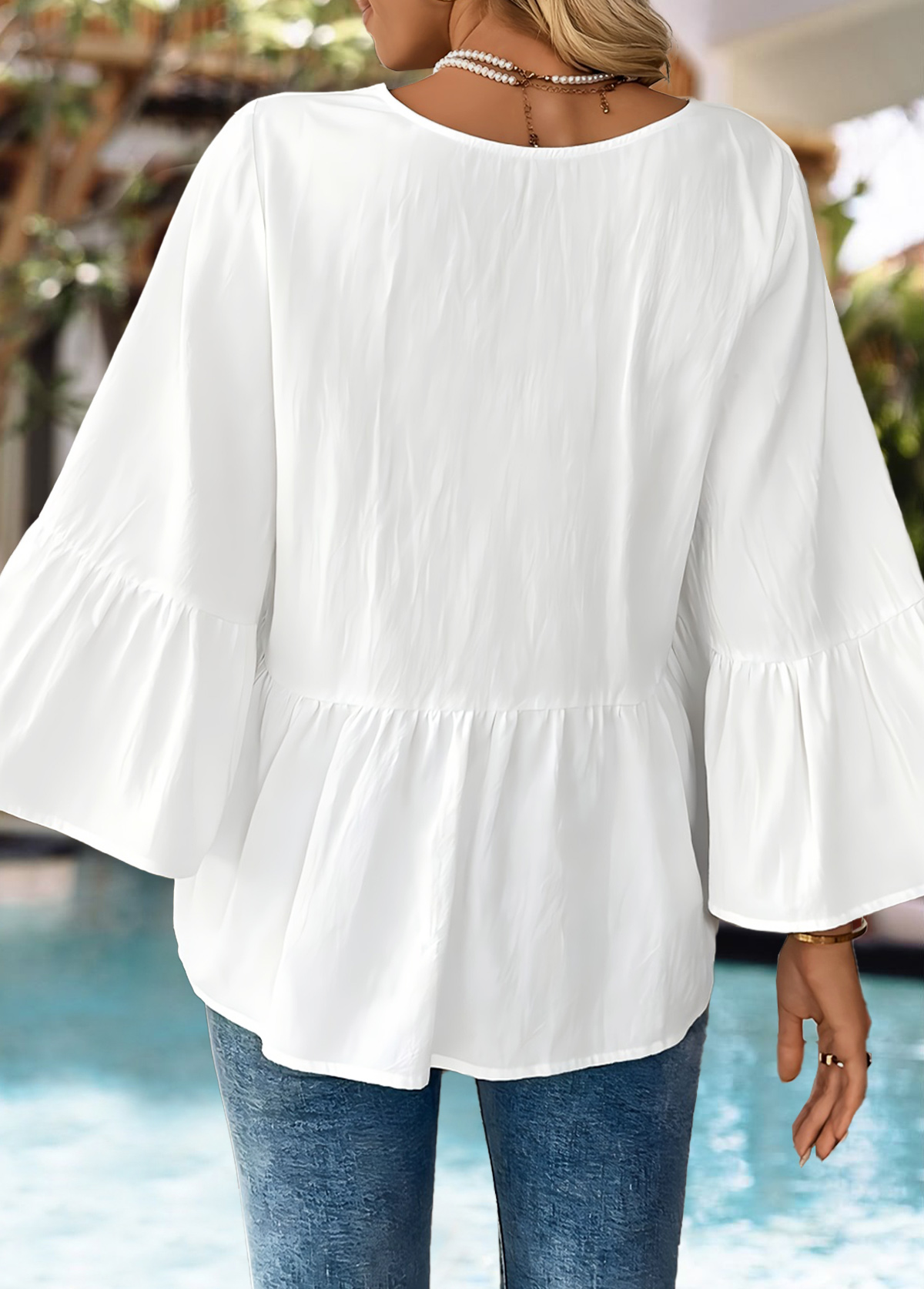 Raw White Patchwork Bracelet Sleeve V Neck Blouse | picture 