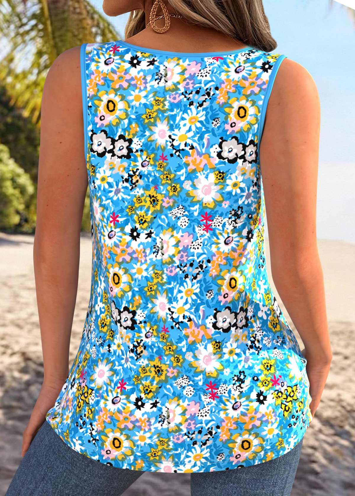 Sky Blue Tummy Coverage Floral Print Sleeveless Tank Top | picture 