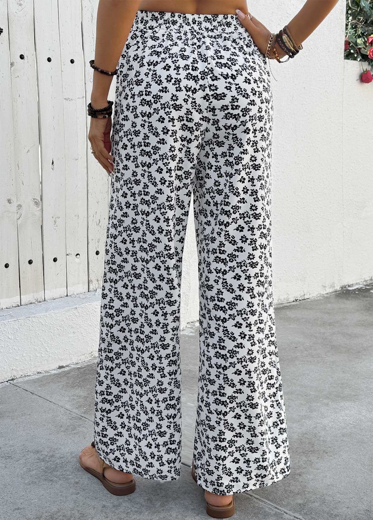 White Ditsy Floral Print Wide Leg Elastic Waist Pants | picture 