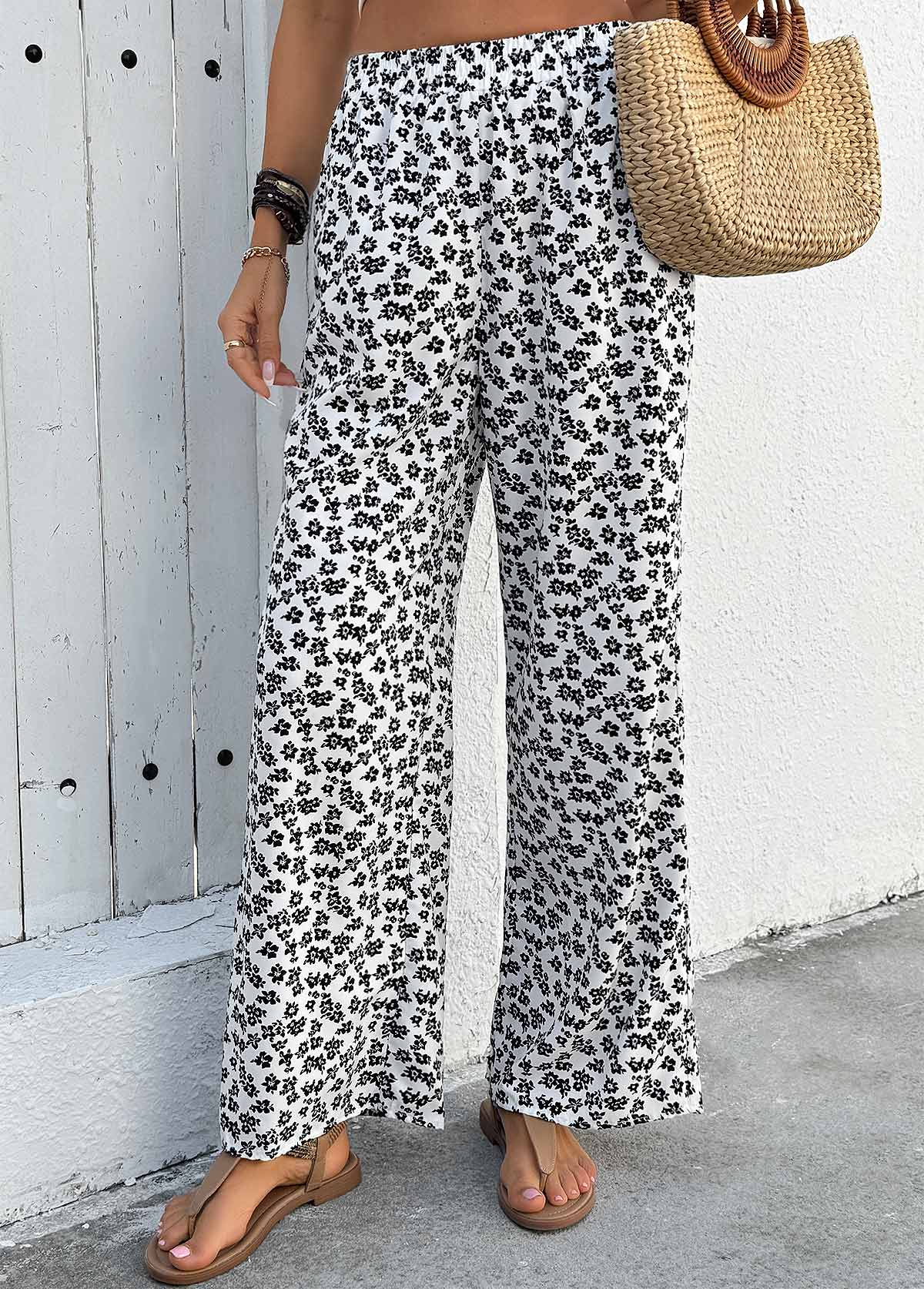 White Ditsy Floral Print Wide Leg Elastic Waist Pants | picture 