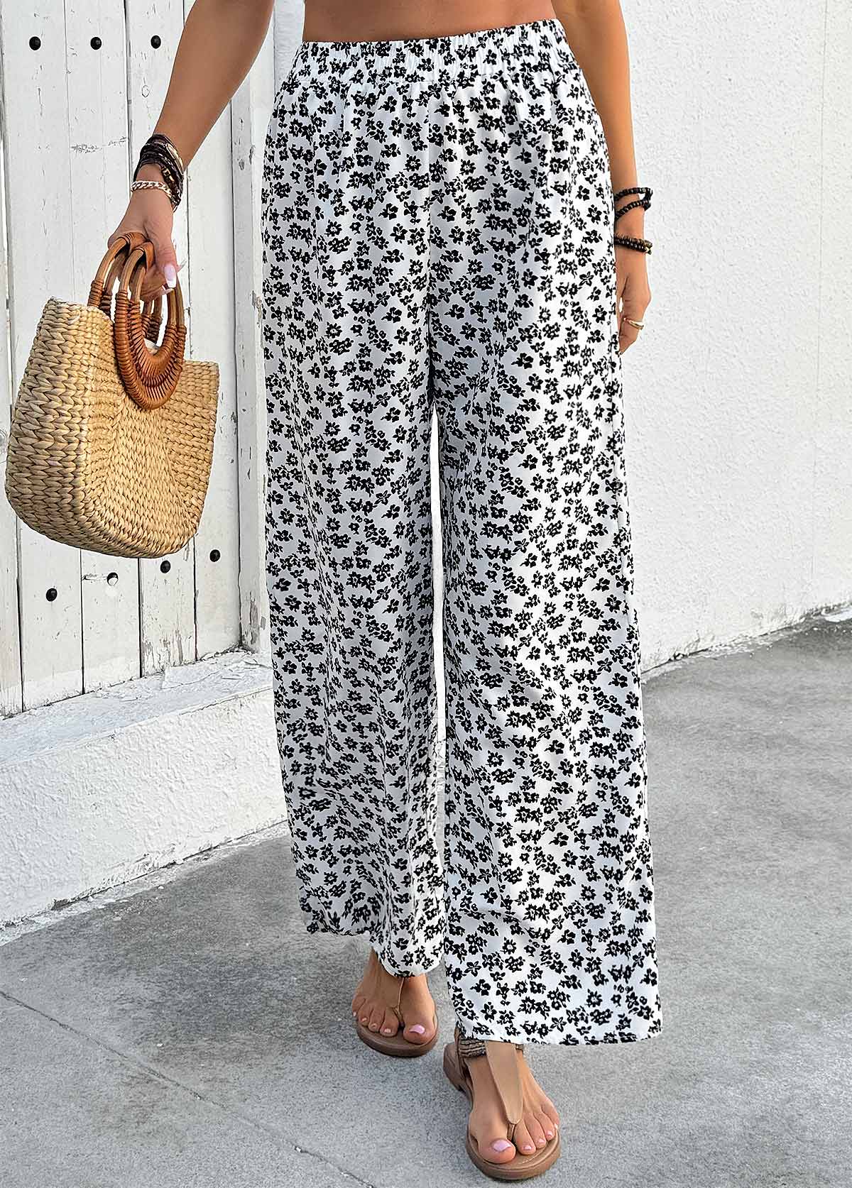 White Ditsy Floral Print Wide Leg Elastic Waist Pants | picture 