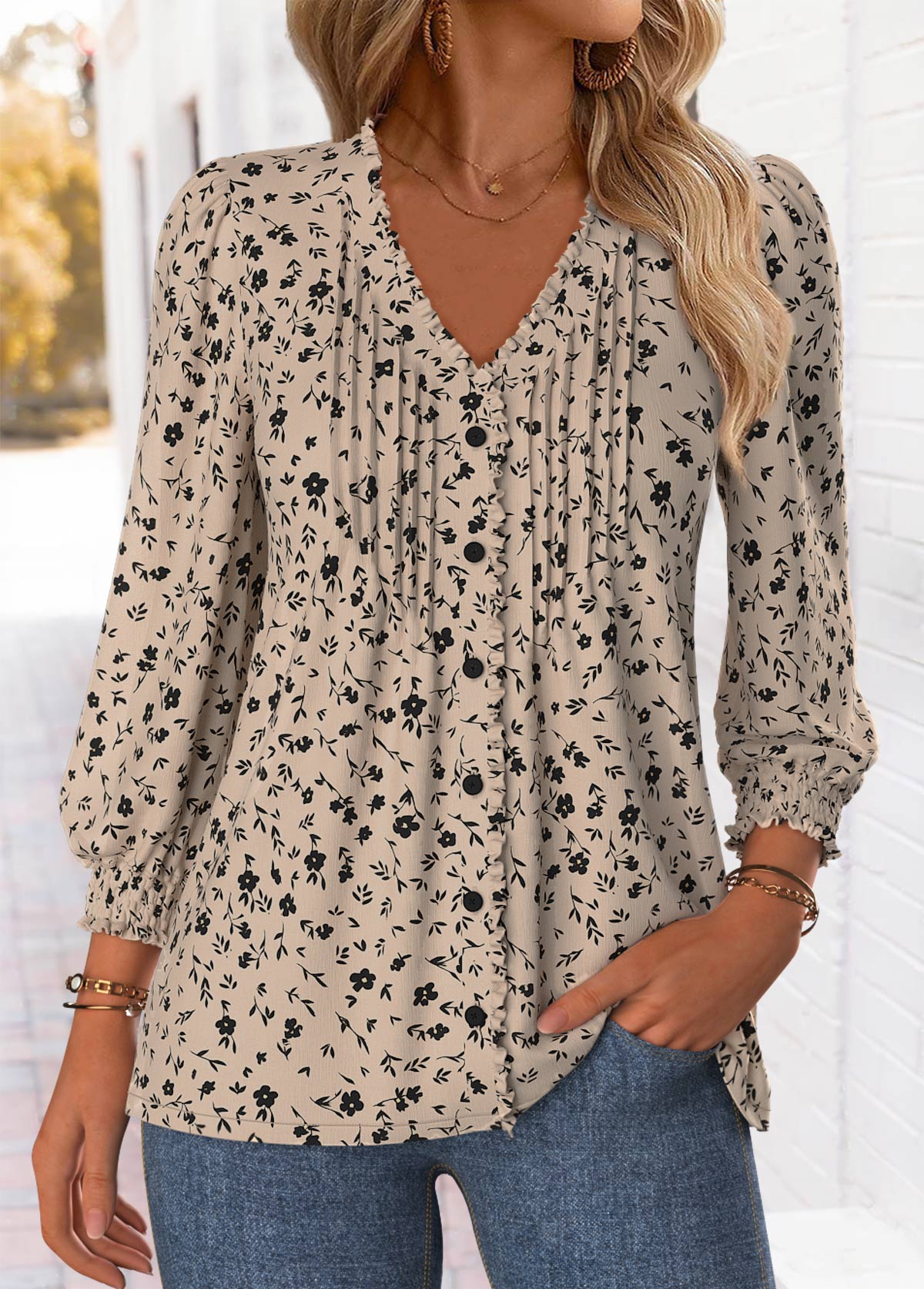 Light Camel Frill Ditsy Floral Print 3/4 Sleeve Blouse | picture 