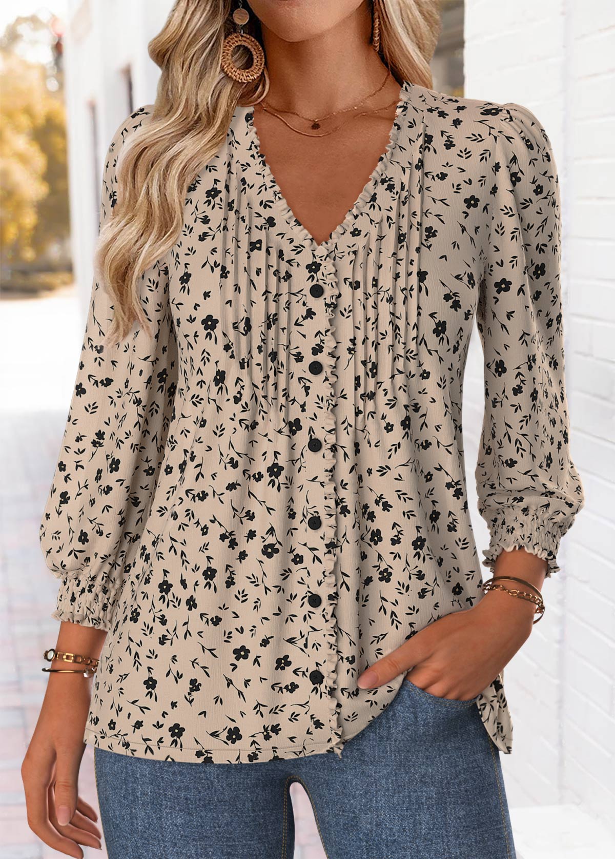 Light Camel Frill Ditsy Floral Print 3/4 Sleeve Blouse | picture 