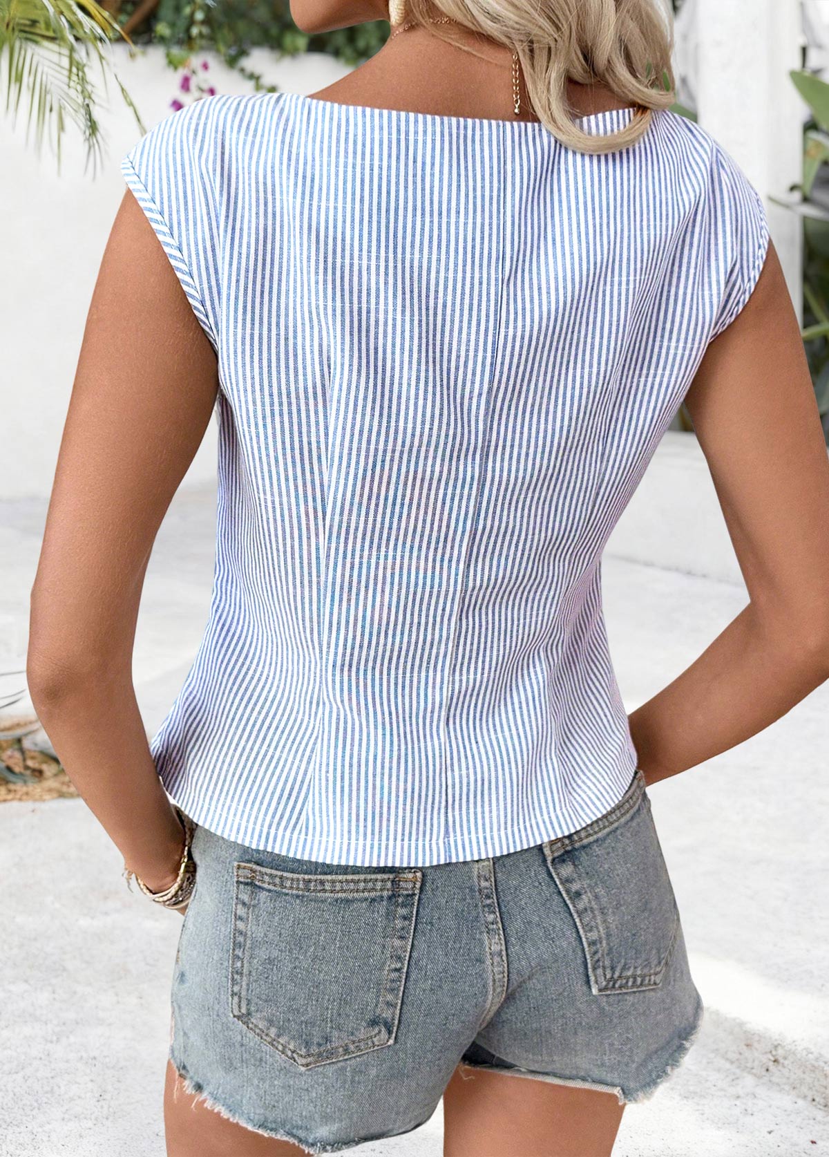 Blue Tummy Coverage Striped Sleeveless V Neck Tank Top | picture 