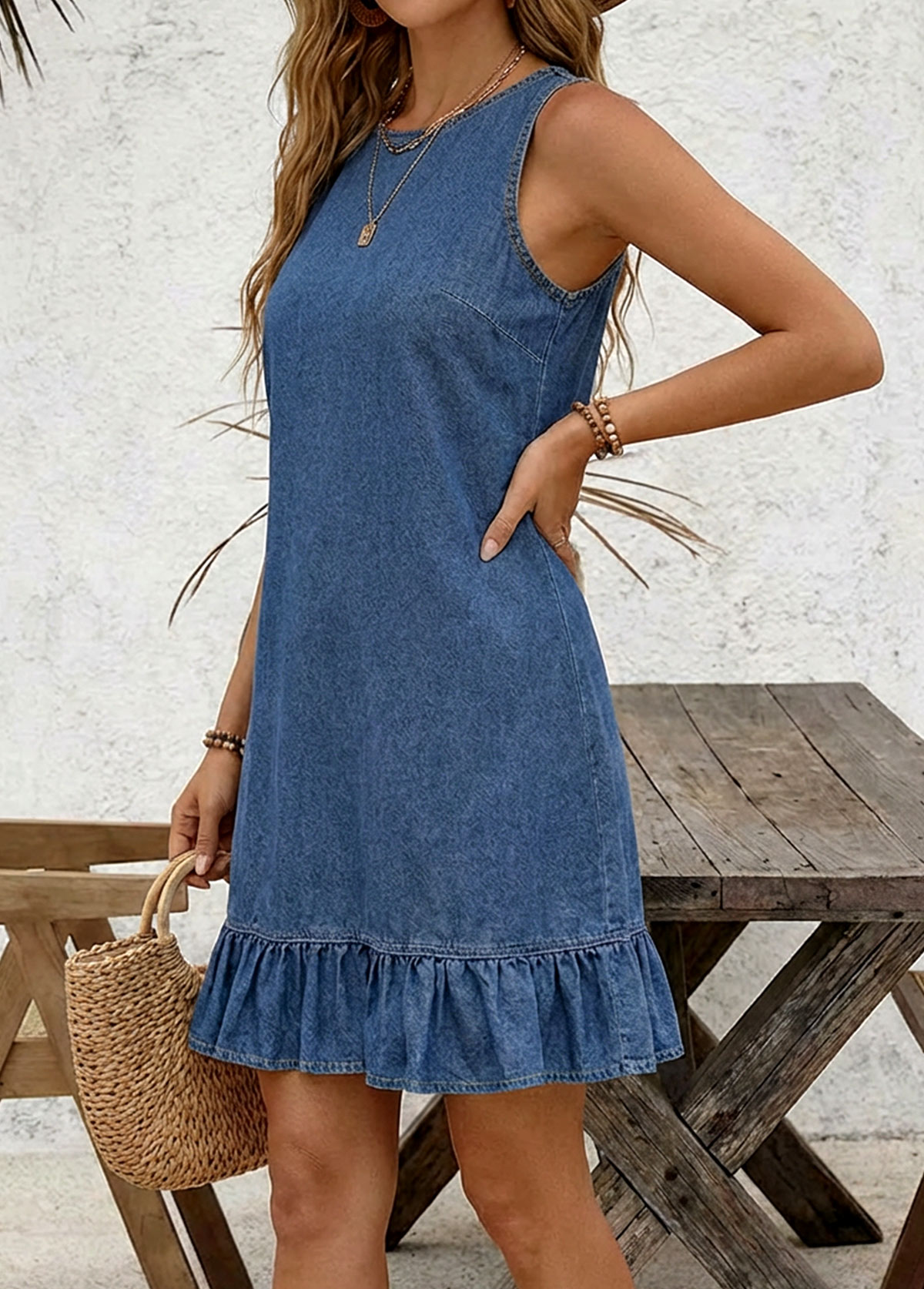 Denim Blue Button Short Sleeveless Round Neck Dress | picture 