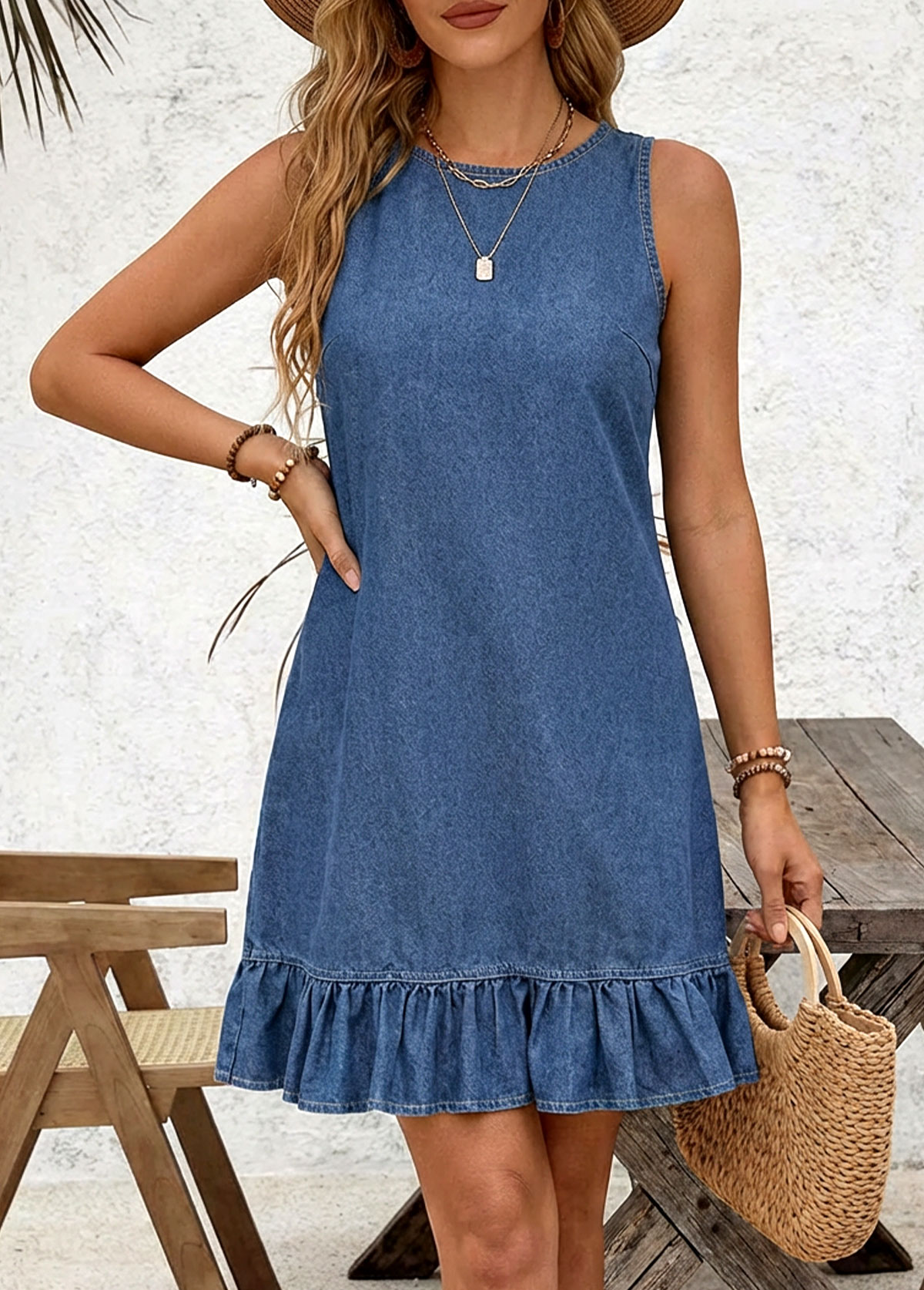 Denim Blue Button Short Sleeveless Round Neck Dress | picture 
