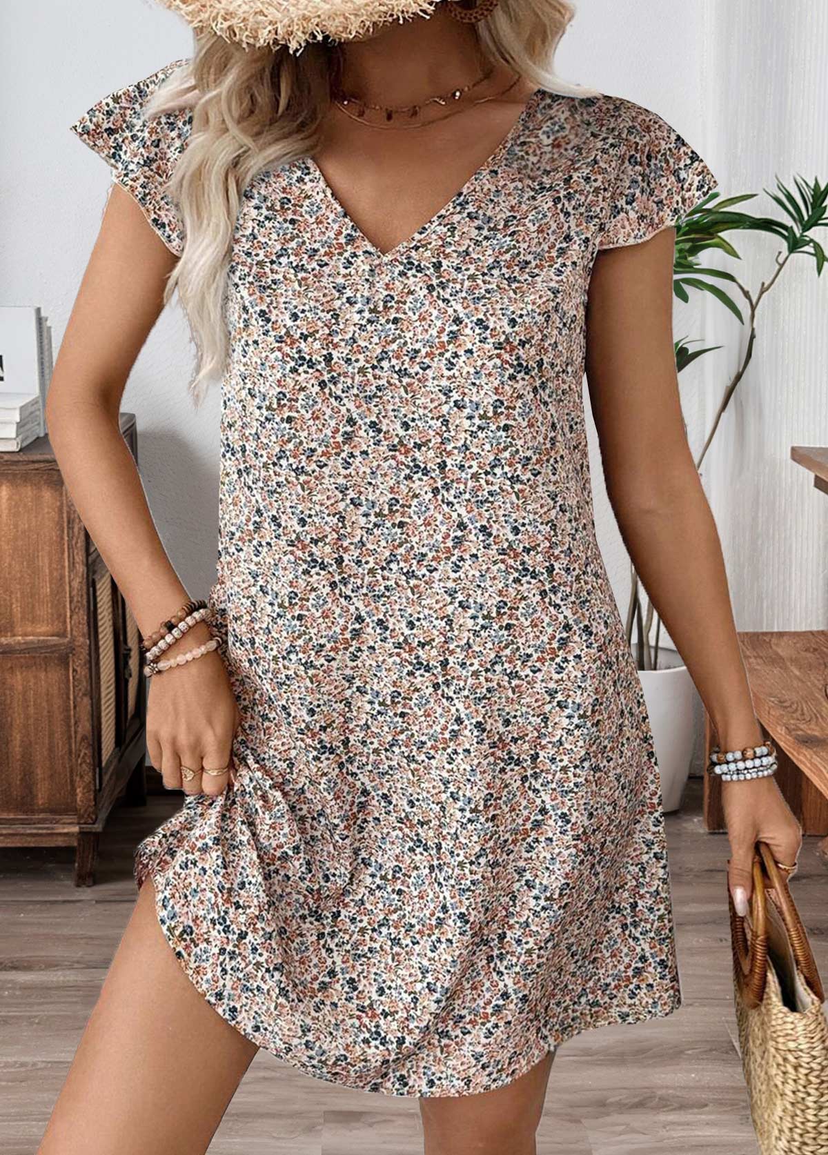 Multi Color Tummy Coverage Ditsy Floral Print Short Dress | picture 