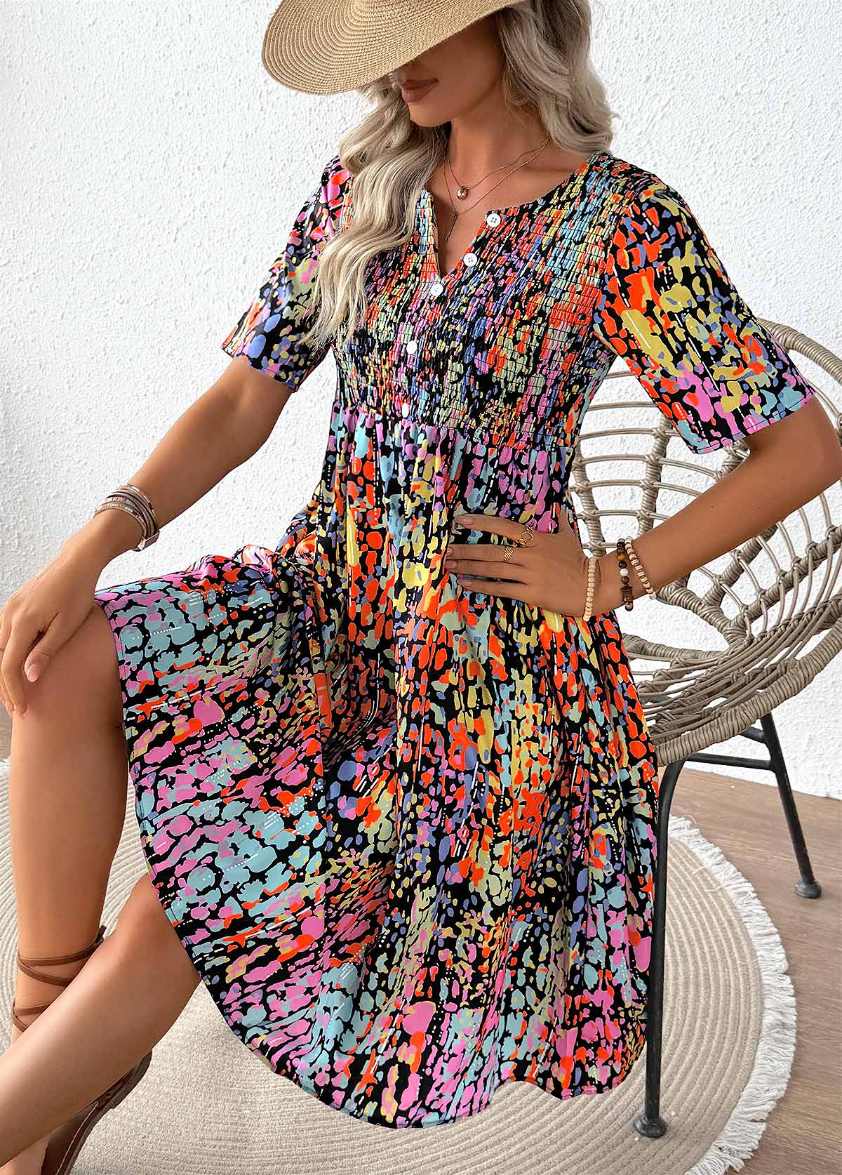 Multi Color Smocked Tribal Print Short Sleeve Dress | picture 