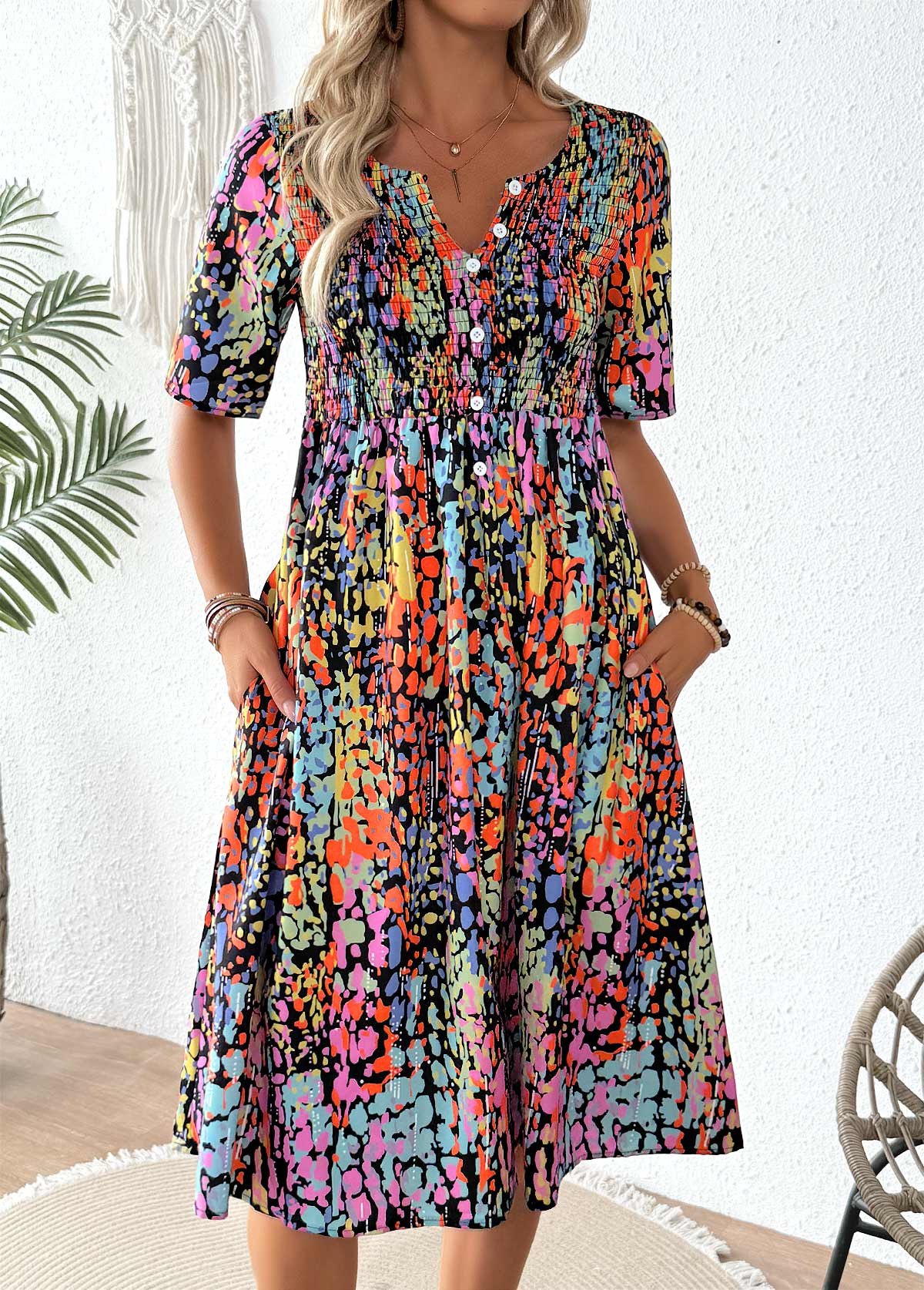 Multi Color Smocked Tribal Print Short Sleeve Dress | picture 