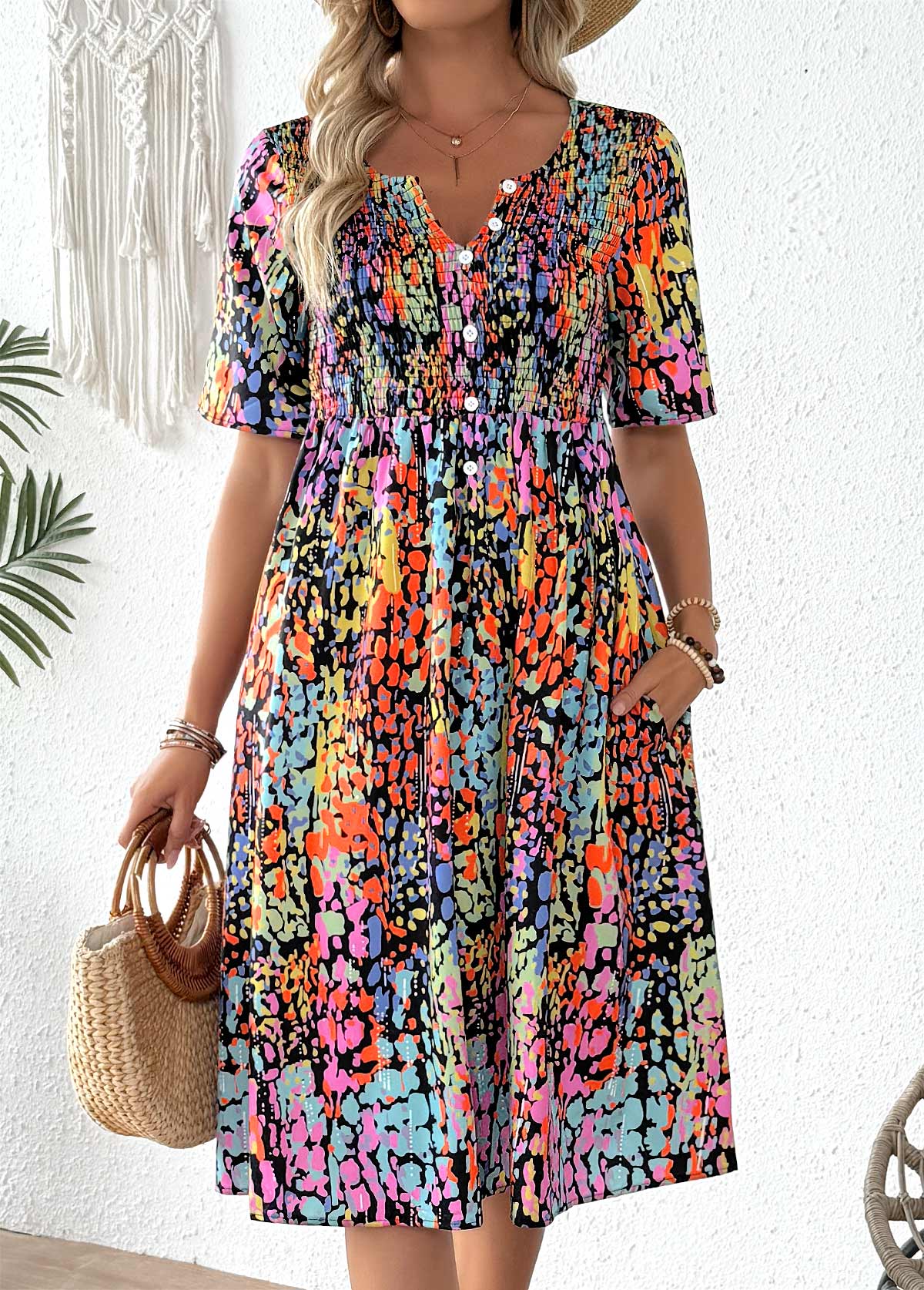 Multi Color Smocked Tribal Print Short Sleeve Dress | picture 
