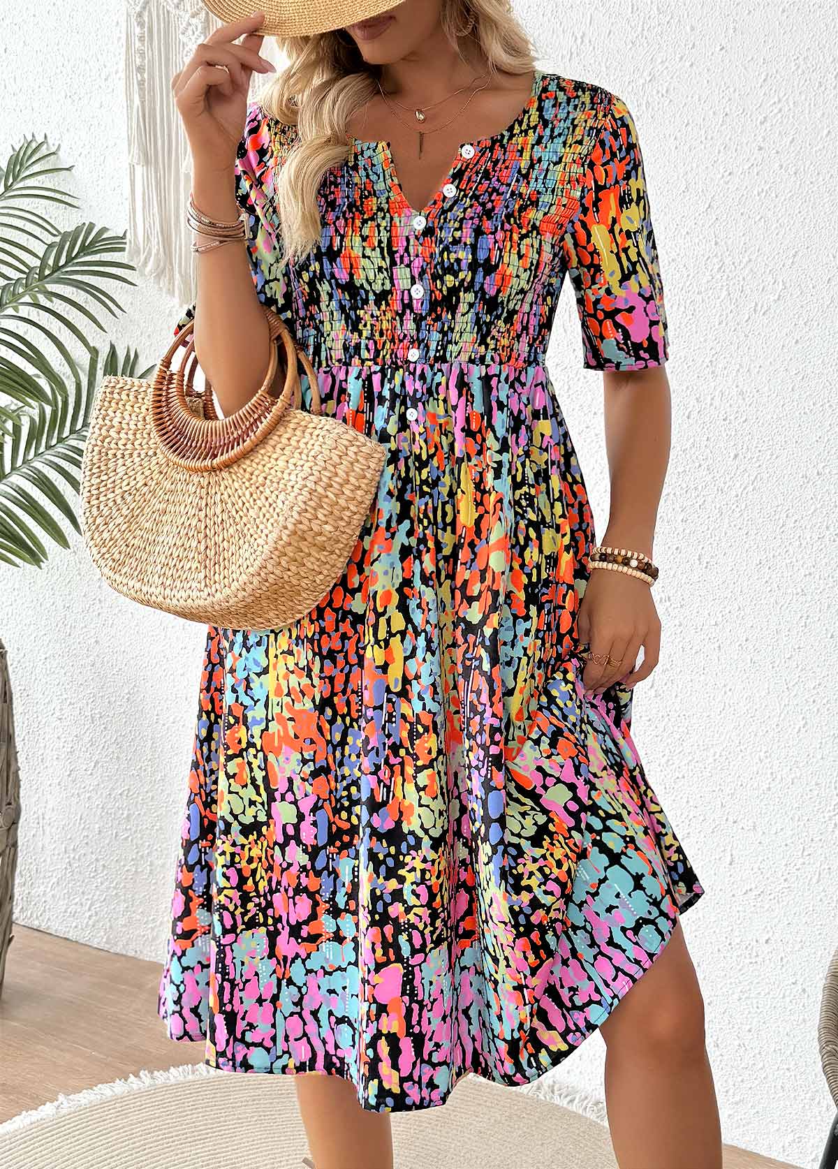 Multi Color Smocked Tribal Print Short Sleeve Dress | picture 