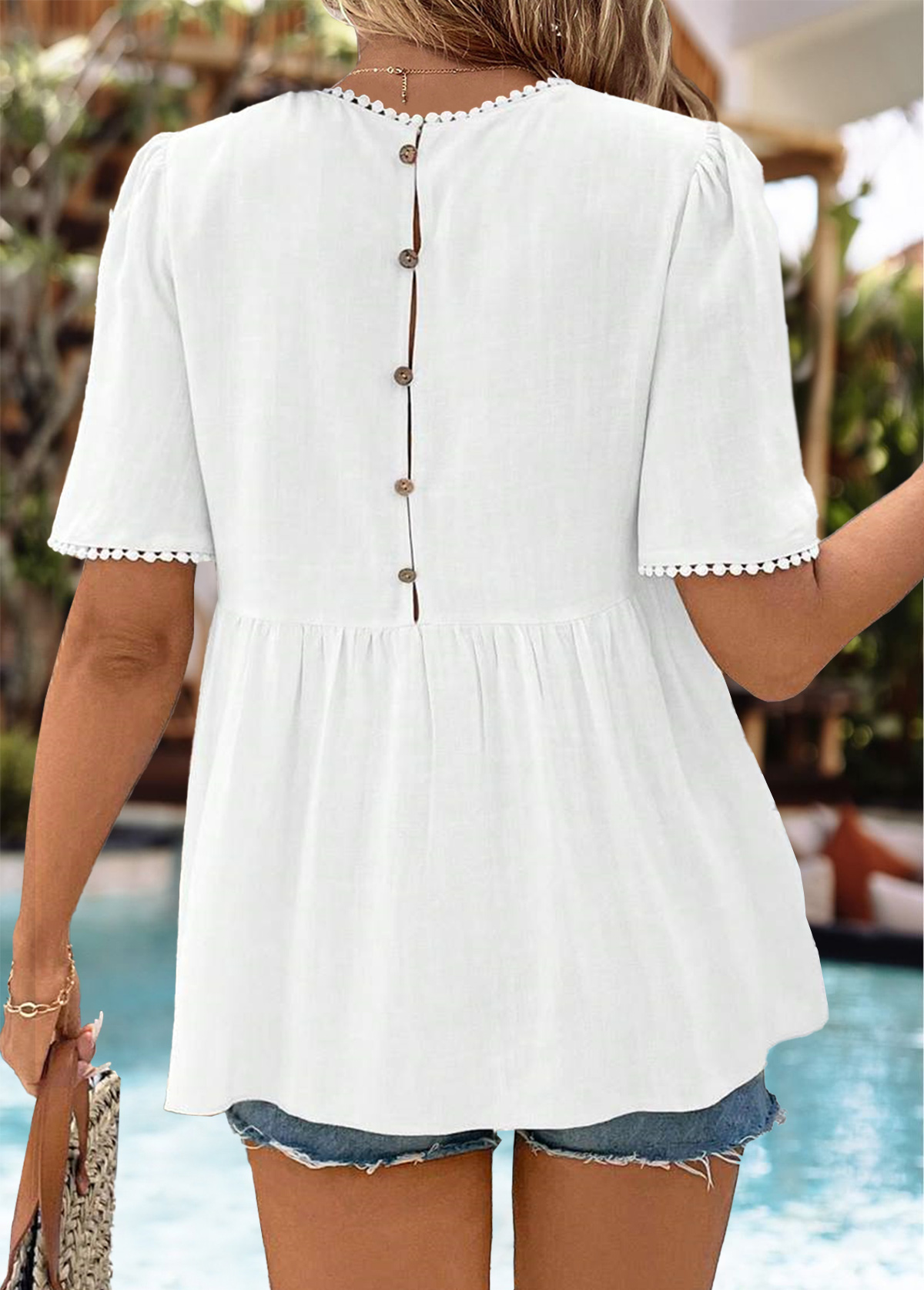 White Tummy Coverage Short Sleeve Round Neck Blouse | picture 