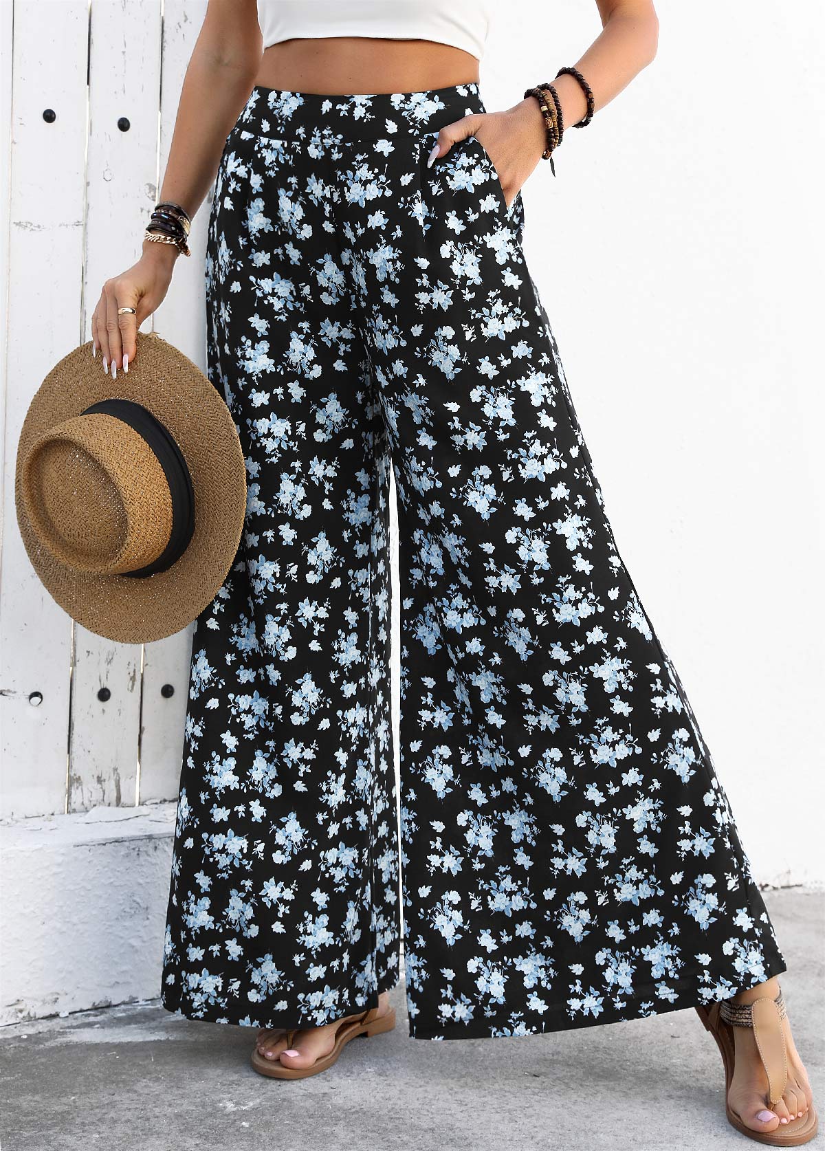 Black Flowy Ditsy Floral Print Wide Leg Pants | picture 