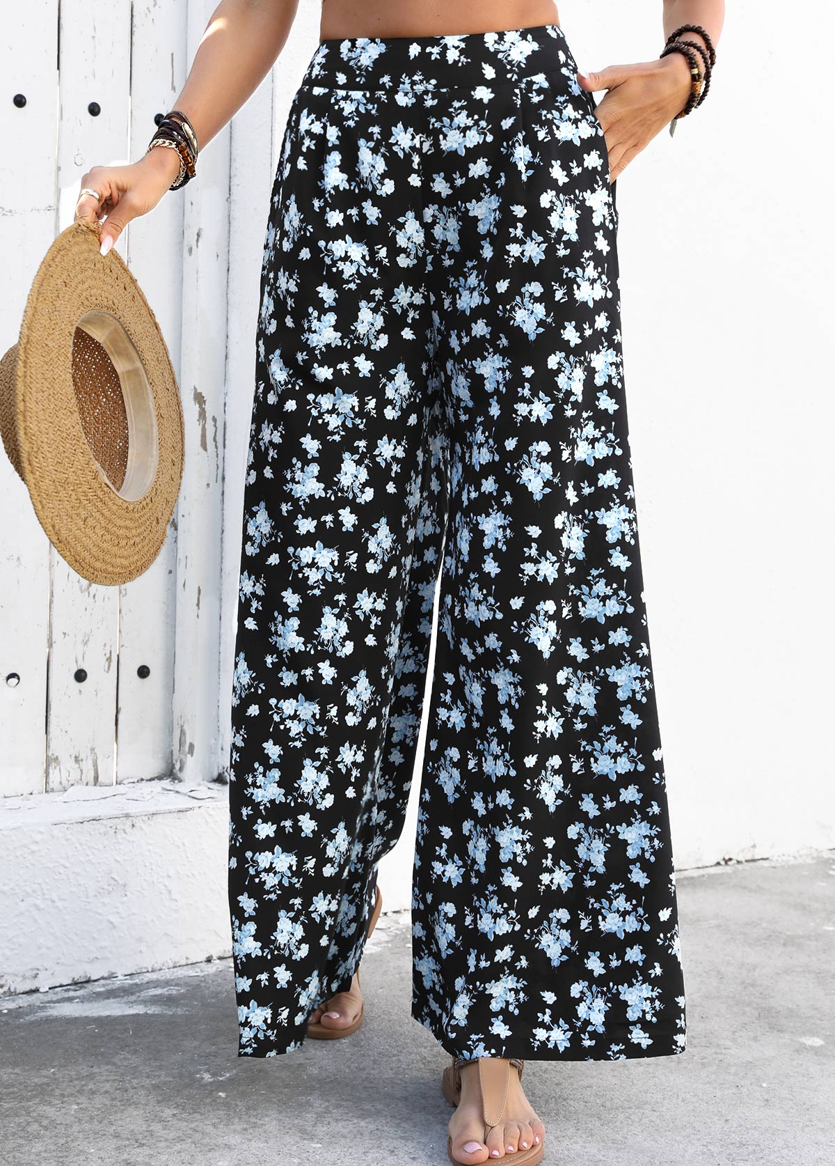 Black Flowy Ditsy Floral Print Wide Leg Pants | picture 
