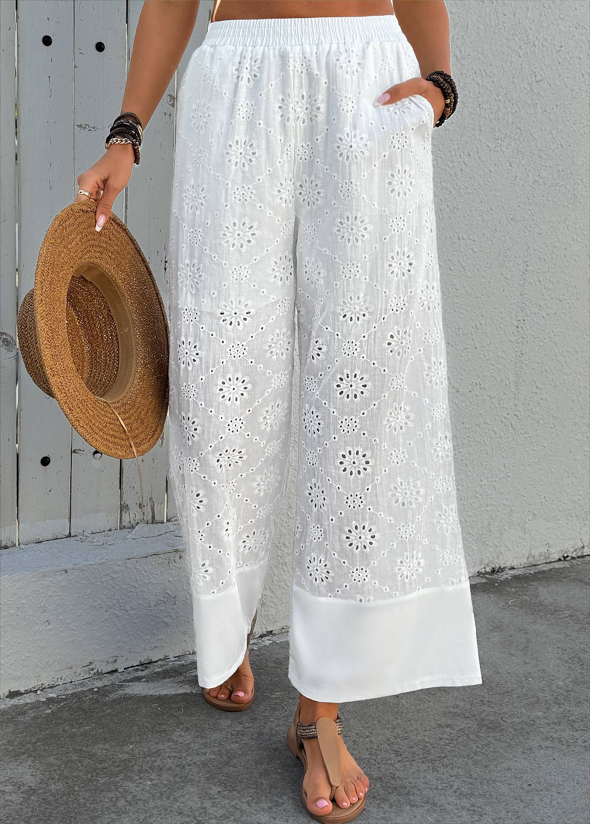 White Soft Wide Leg Elastic Waist High Waisted Pants | picture 