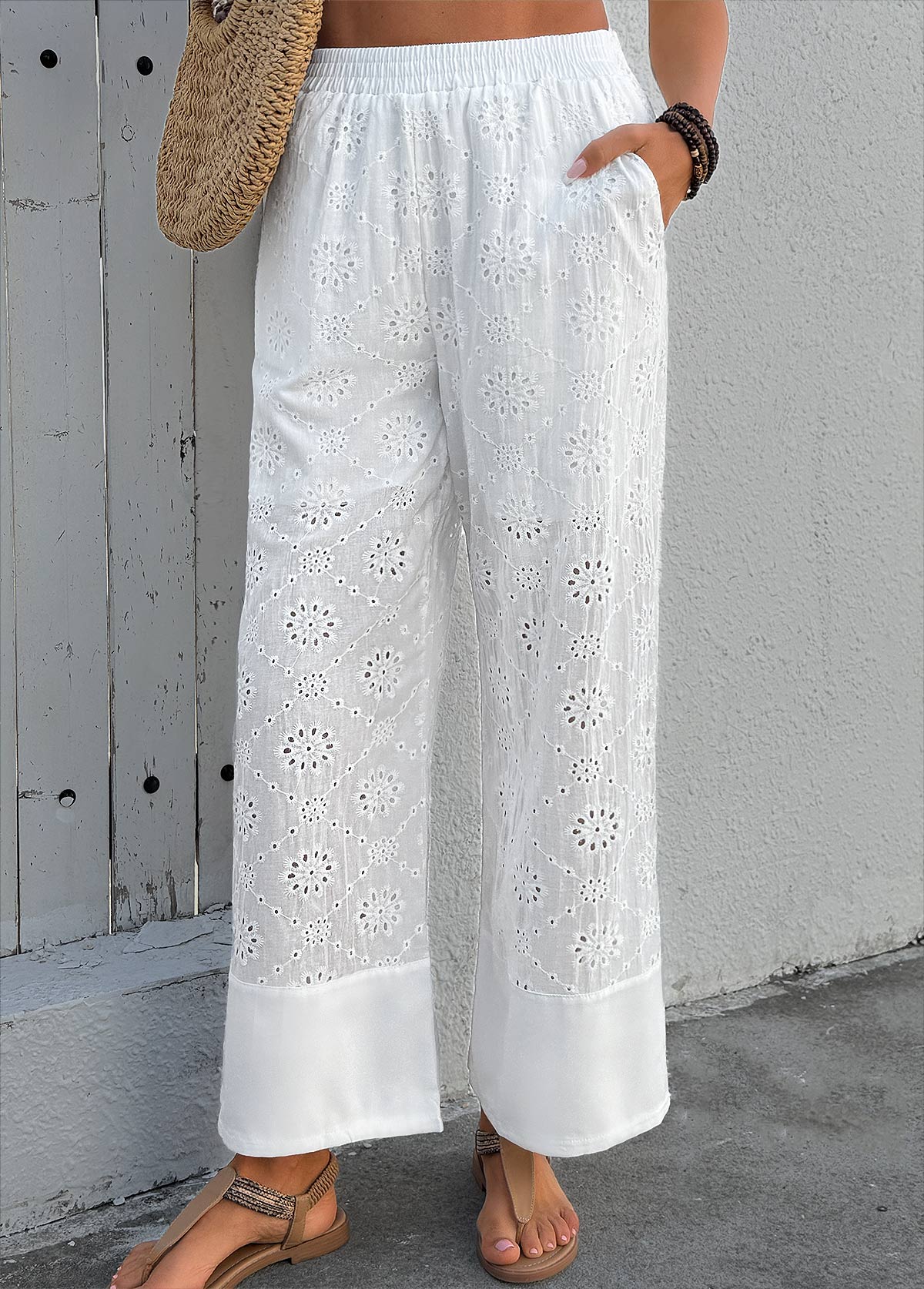White Soft Wide Leg Elastic Waist High Waisted Pants | picture 