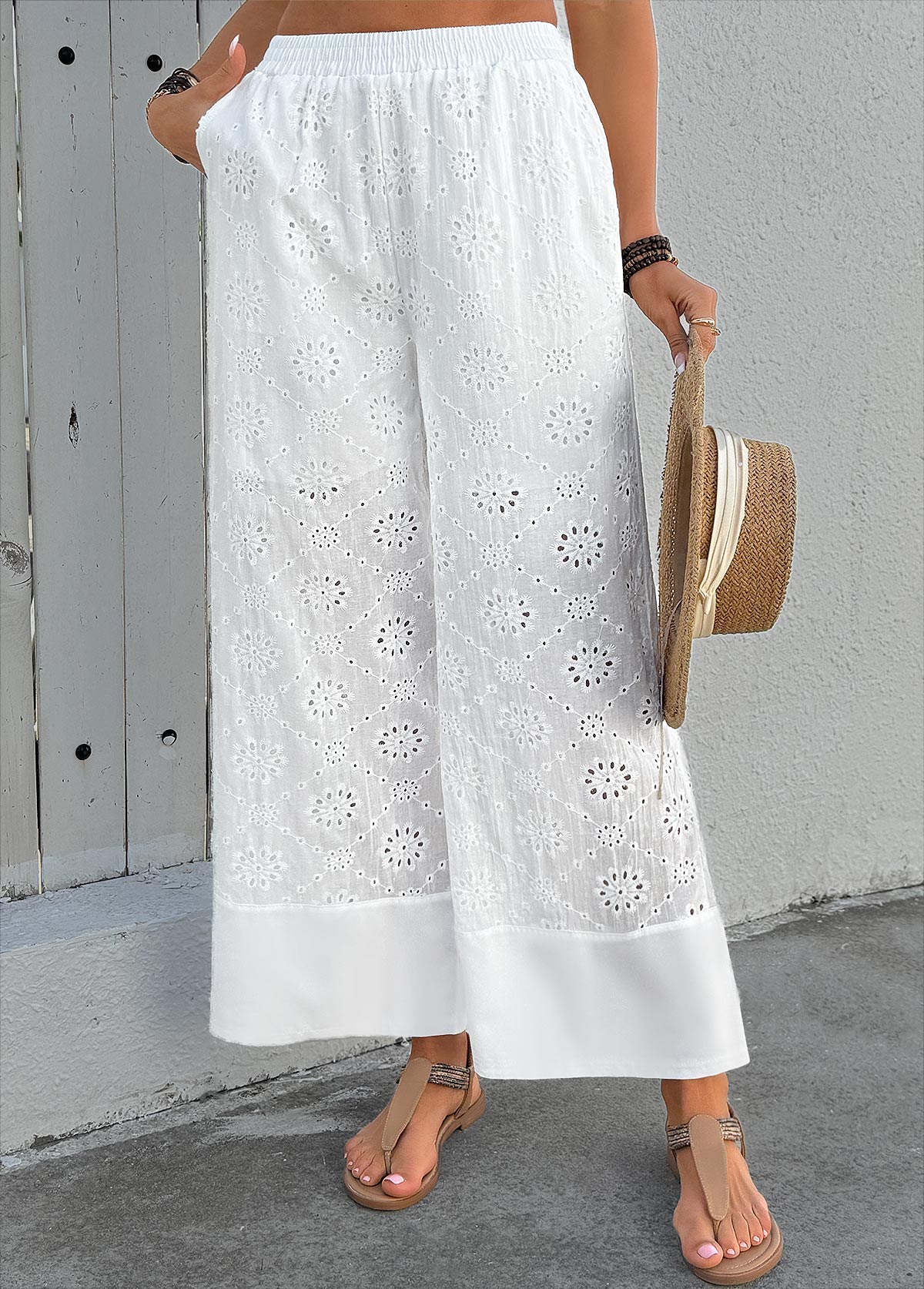 White Soft Wide Leg Elastic Waist High Waisted Pants | picture 