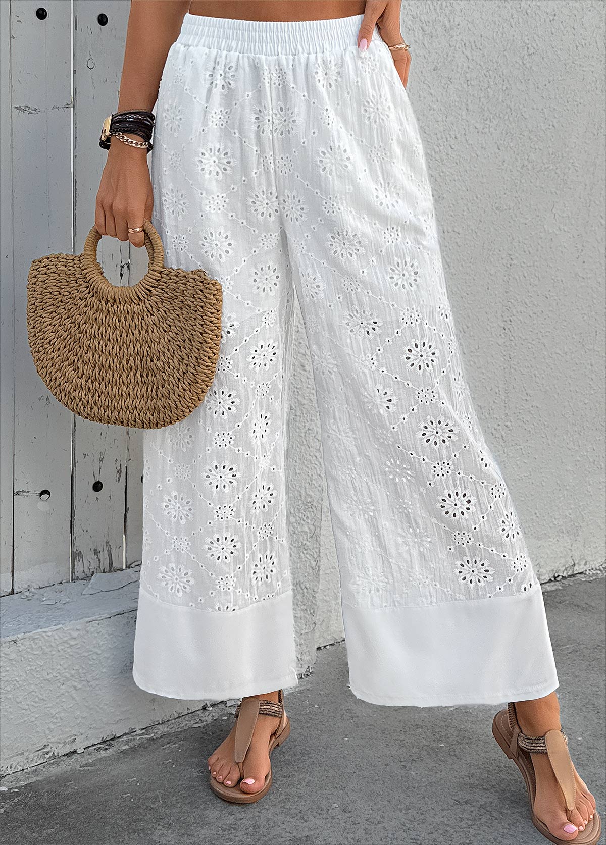 White Soft Wide Leg Elastic Waist High Waisted Pants | picture 