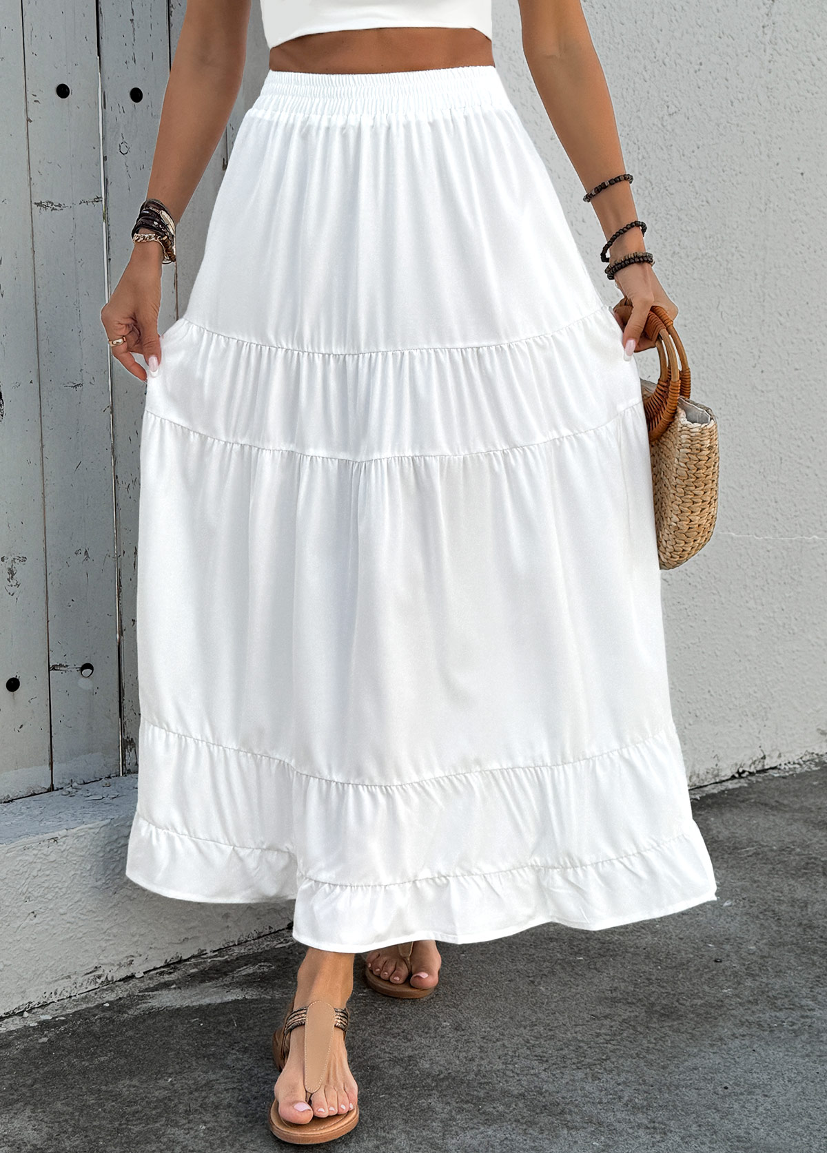 White Pocket A Line Elastic Waist Maxi Skirt | picture 