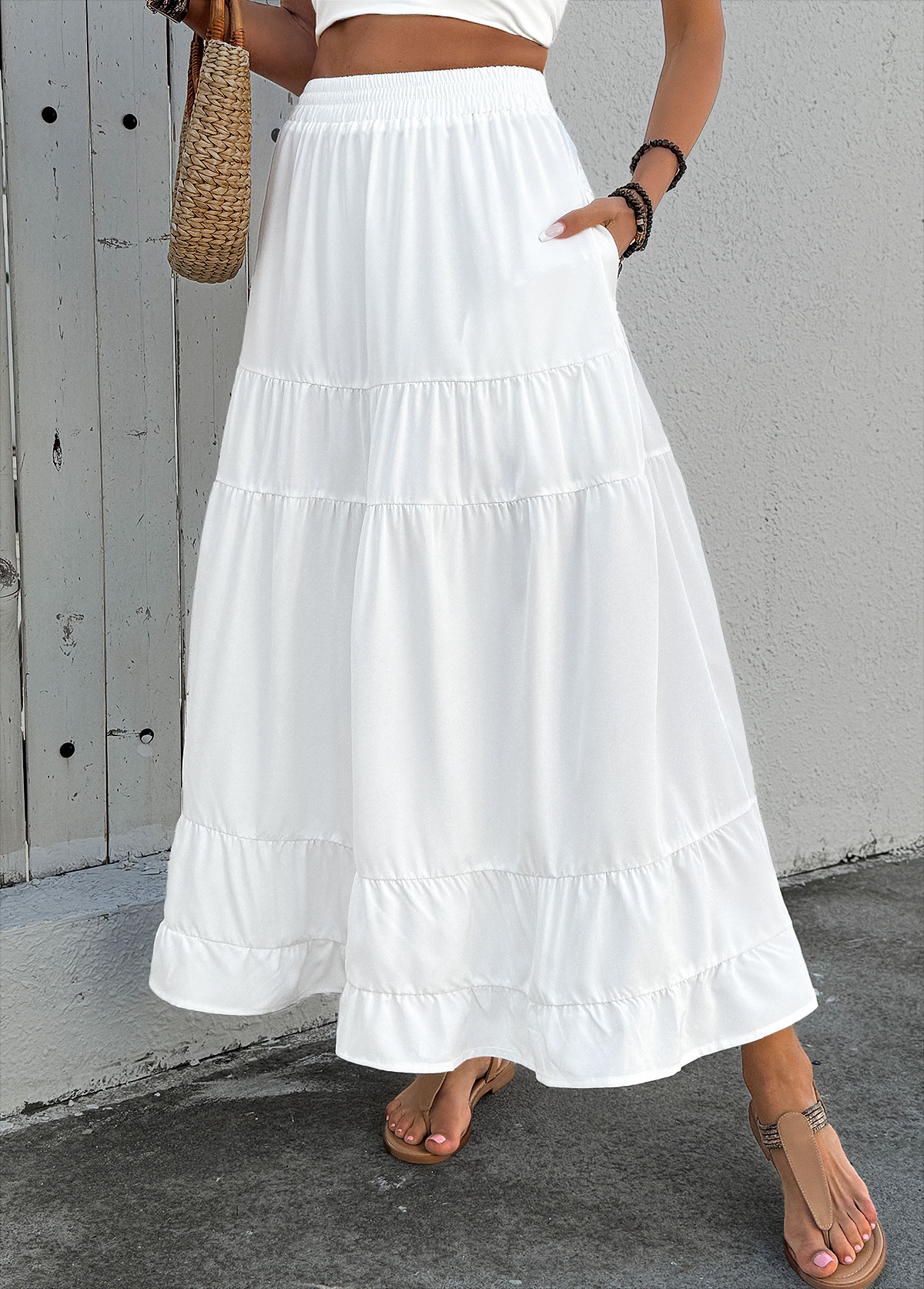 White Pocket A Line Elastic Waist Maxi Skirt | picture 