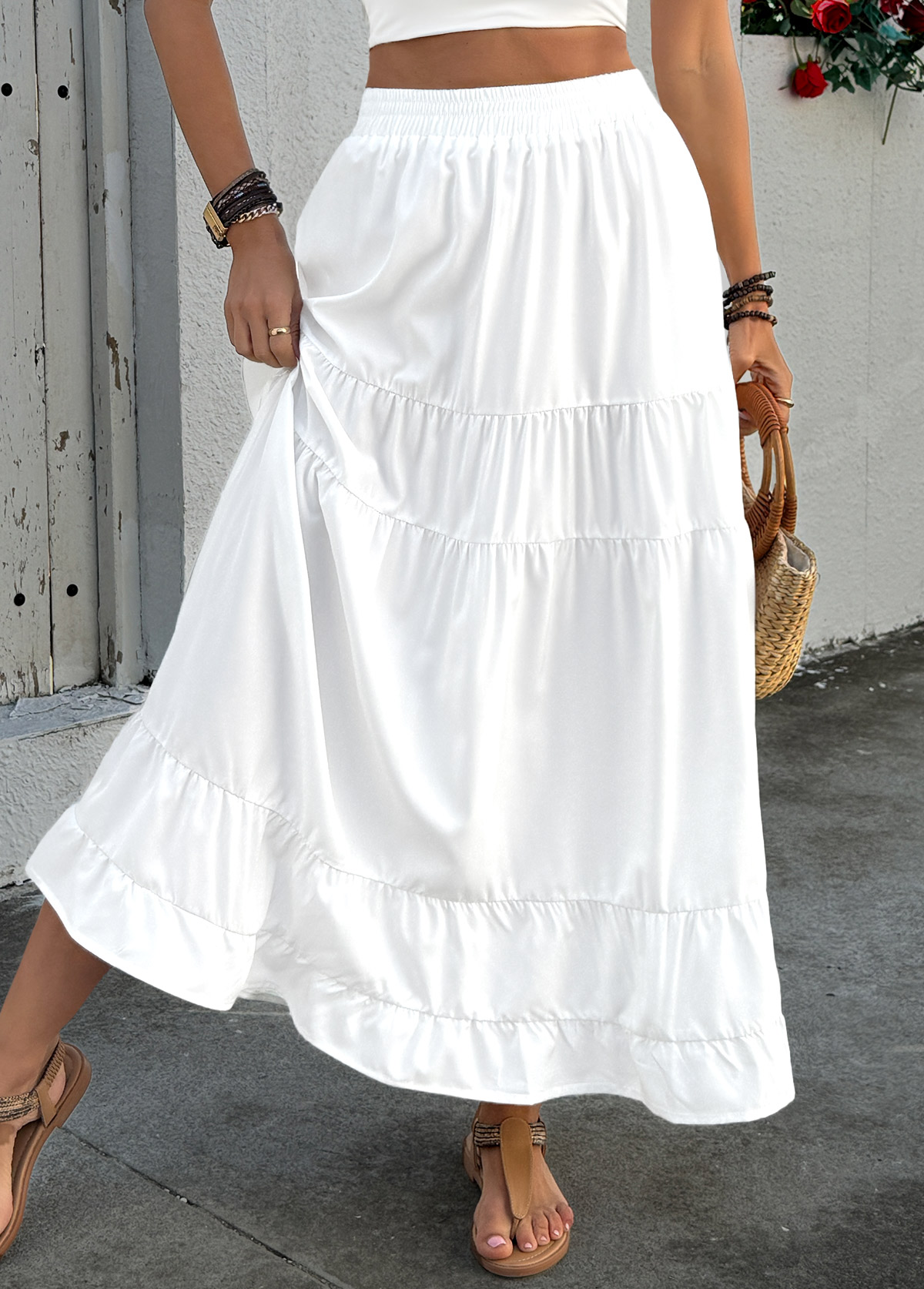 White Pocket A Line Elastic Waist Maxi Skirt | picture 