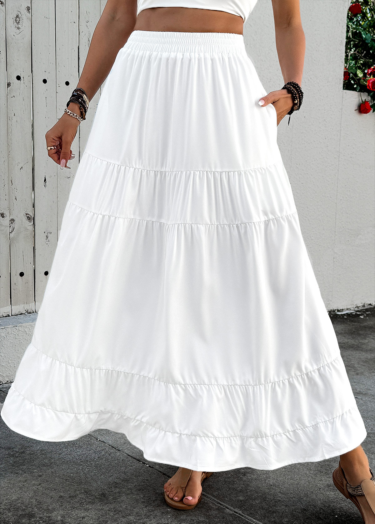 White Pocket A Line Elastic Waist Maxi Skirt | picture 