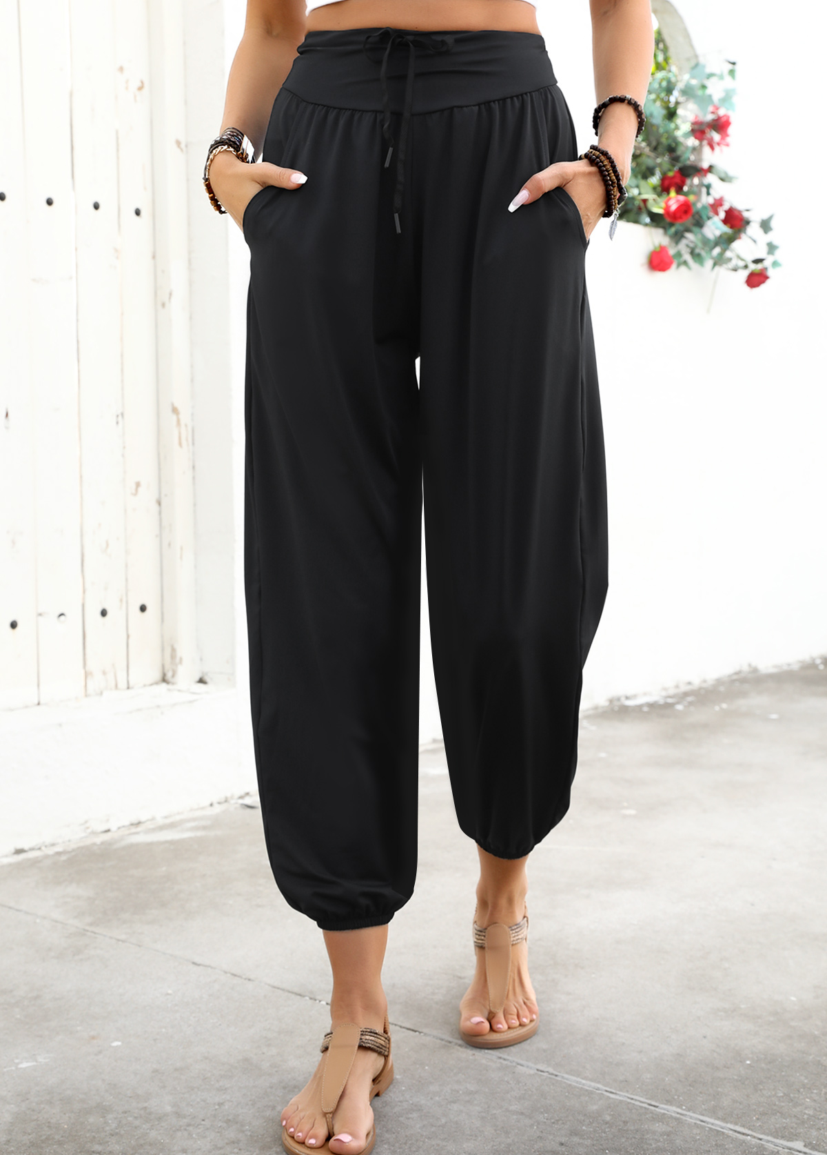 Black Soft Jogger Elastic Waist High Waisted Pants | picture 